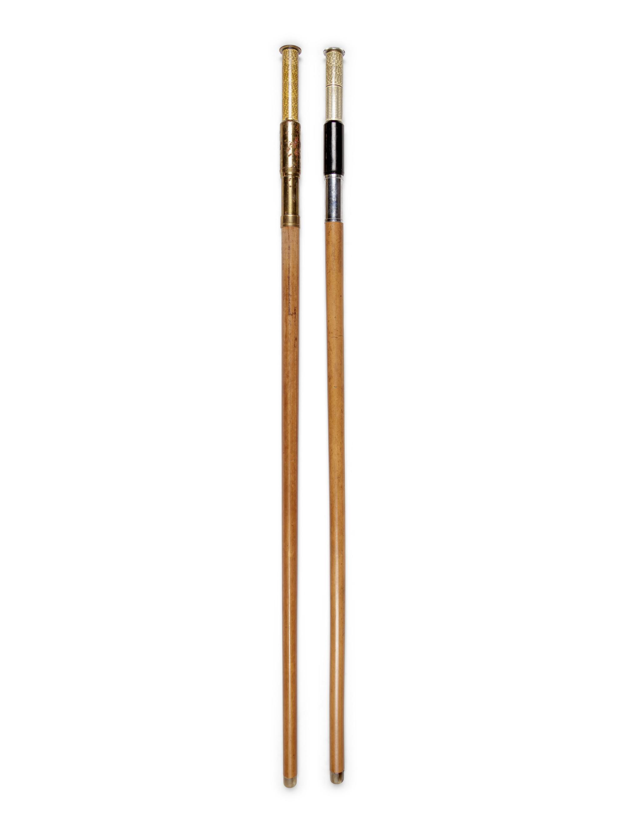Two English Metal Mounted Otis King Pocket Calculator System Walking Sticks