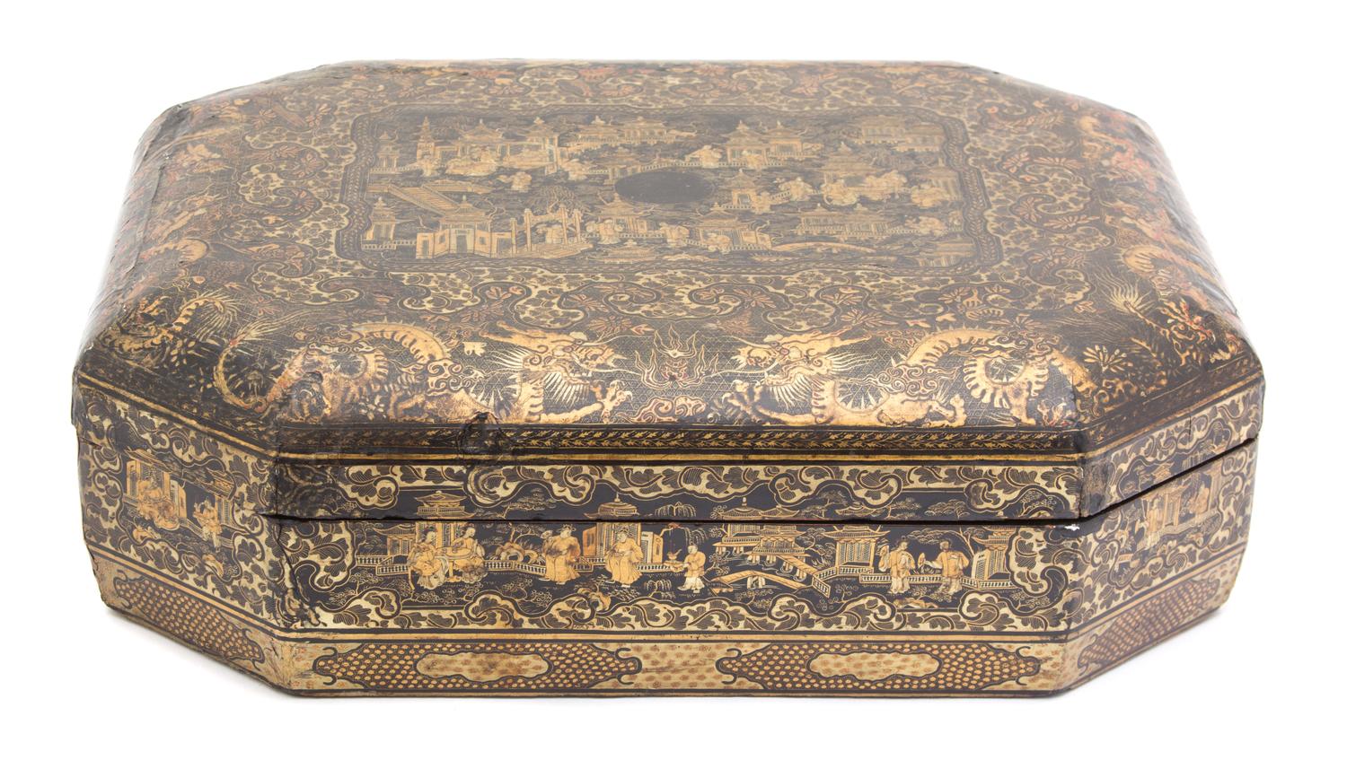 A Regency Style Chinoiserie Decorated Lacquer Box Height 4 x length 15 x depth 12 1/4 inches. — 19TH CENTURY