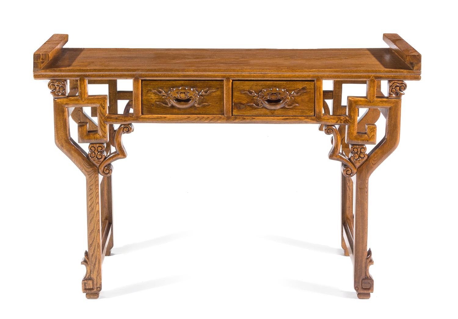 A Hardwood Altar Table Height 33 1/2 x length 51 x width 15 1/2 inches.