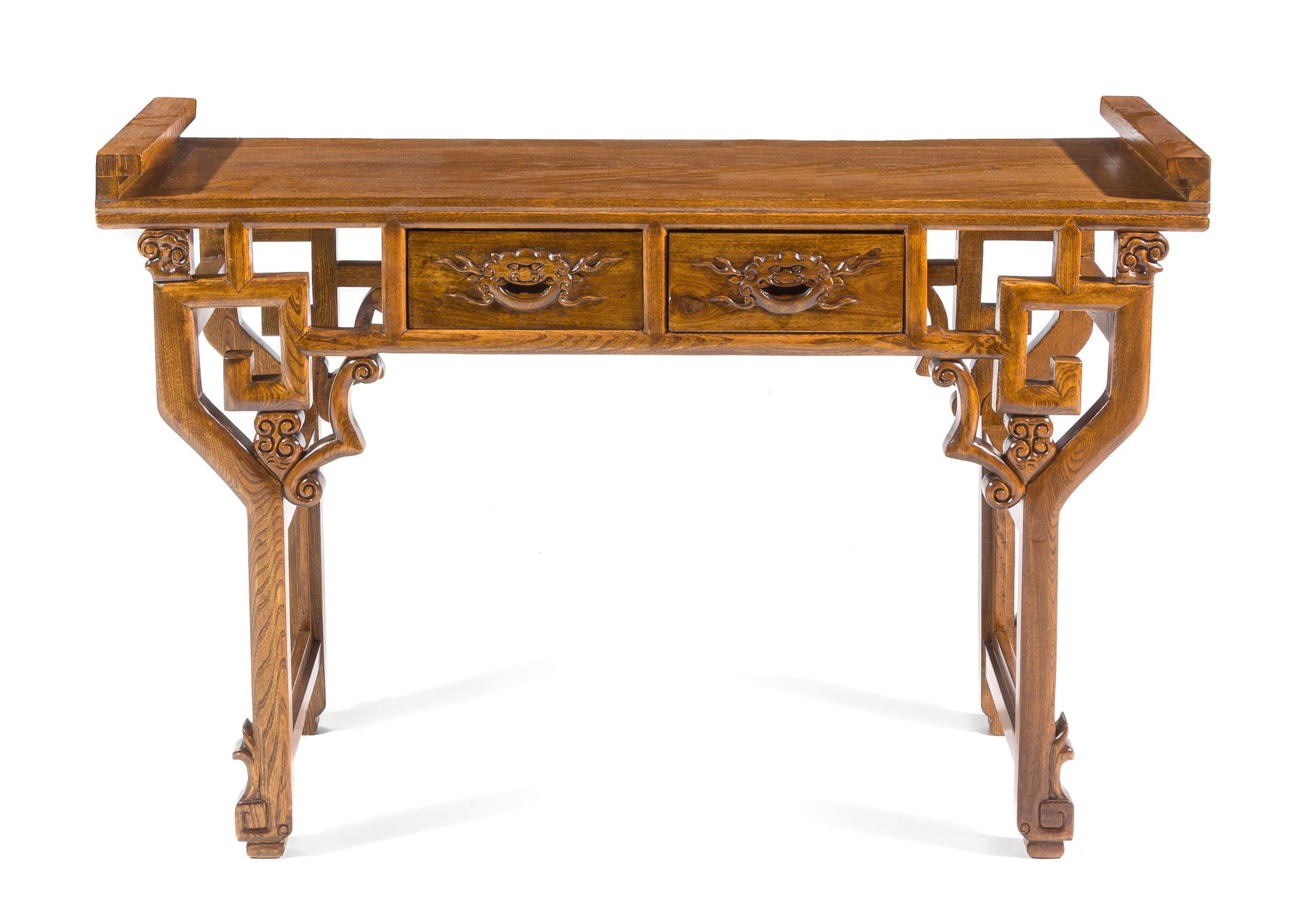 A Hardwood Altar Table Height 33 1/2 x length 51 x width 15 1/2 inches.