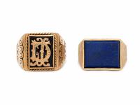 TWO HARDSTONE AND YELLOW GOLD RINGS