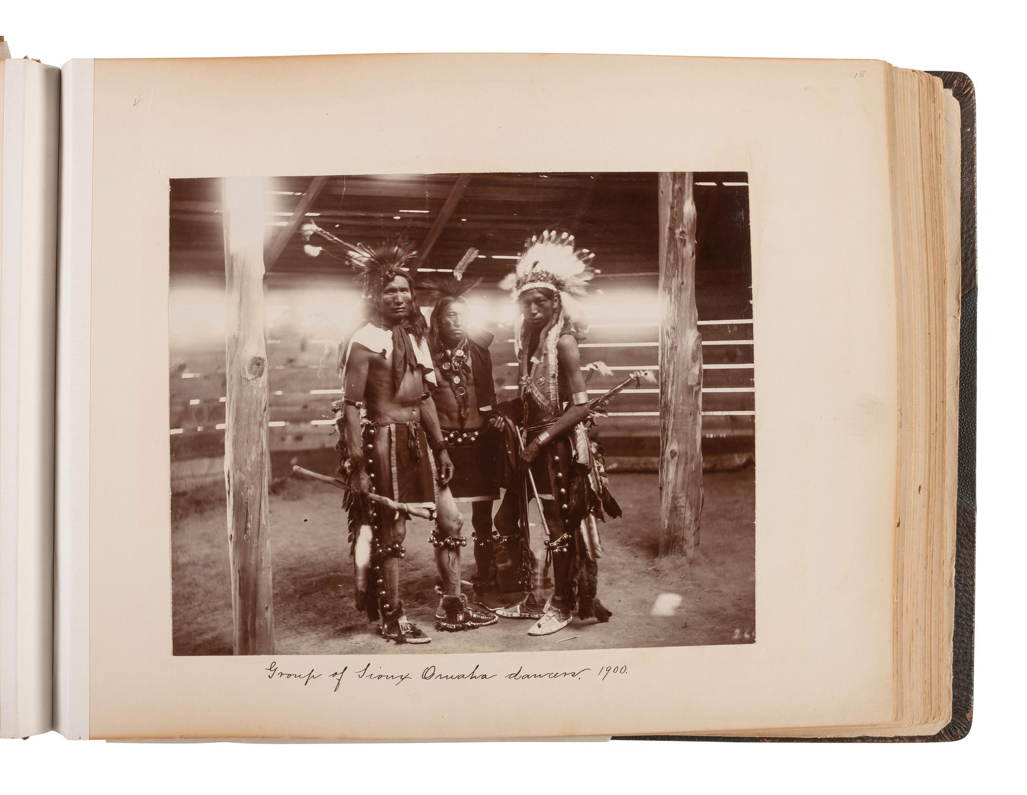 Exceptional album containing photographs of Pine Ridge Reservation and its surroundings, incl. Native American subjects, Indian schools, ceremonies, camp life, and Wounded Knee. Ca late 1890s-early 1900s.