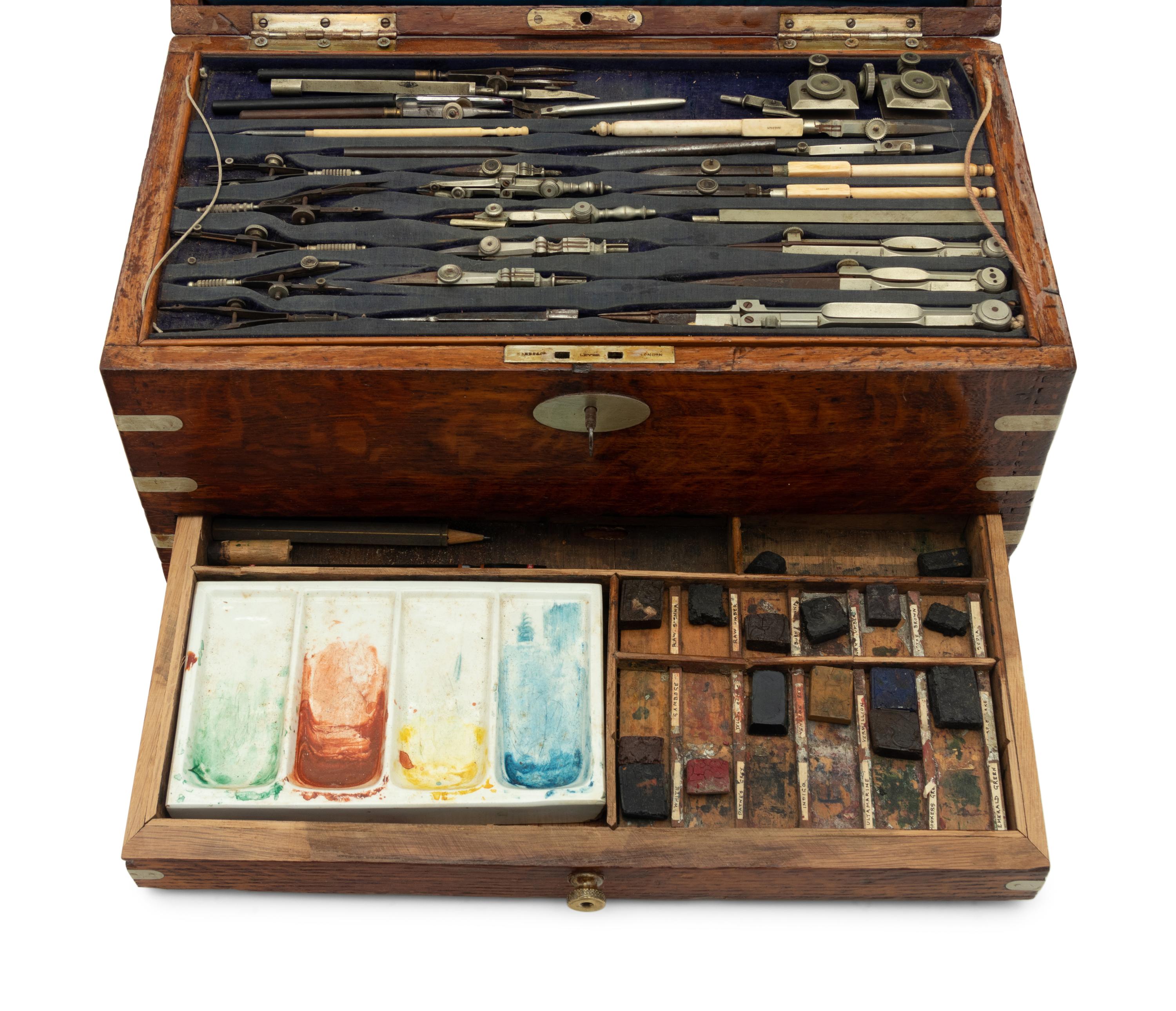 A Regency Brass Mounted Oak Cased Drawing Set