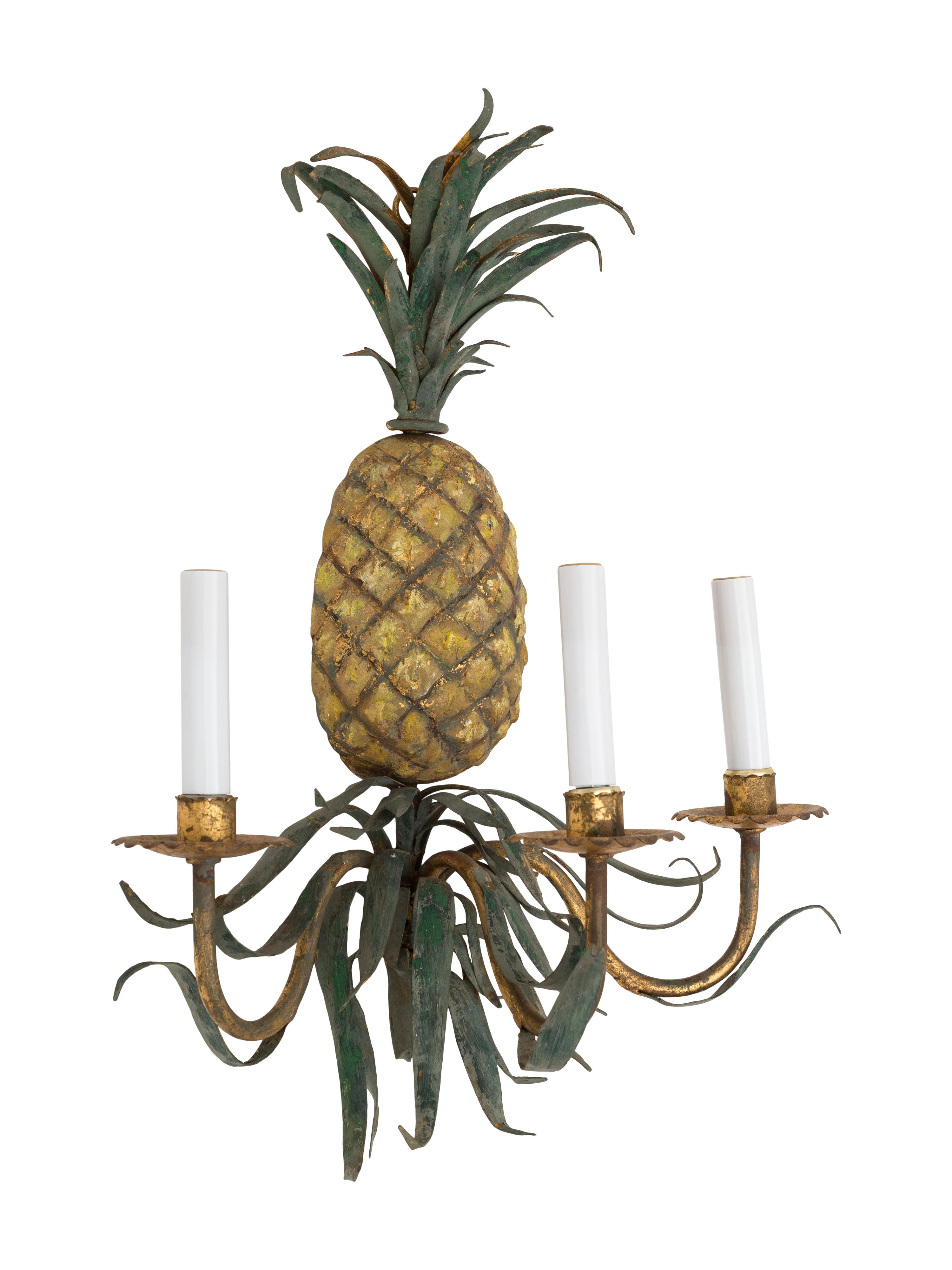 A Pair of Italian Tole Painted Pineapple-Form Three-Light Sconces