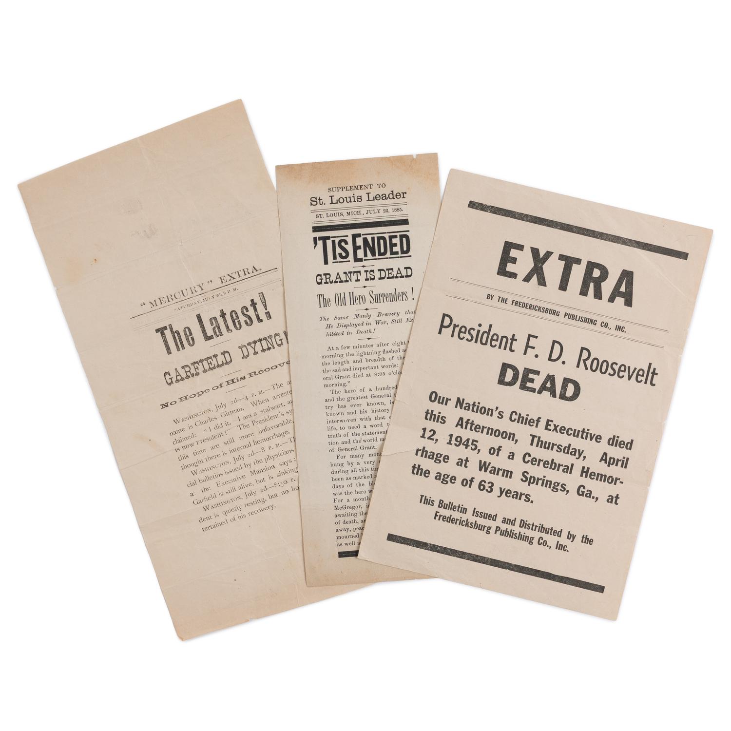 [PRESIDENTIAL DEATHS]. A group of 3 broadside extras, comprising: