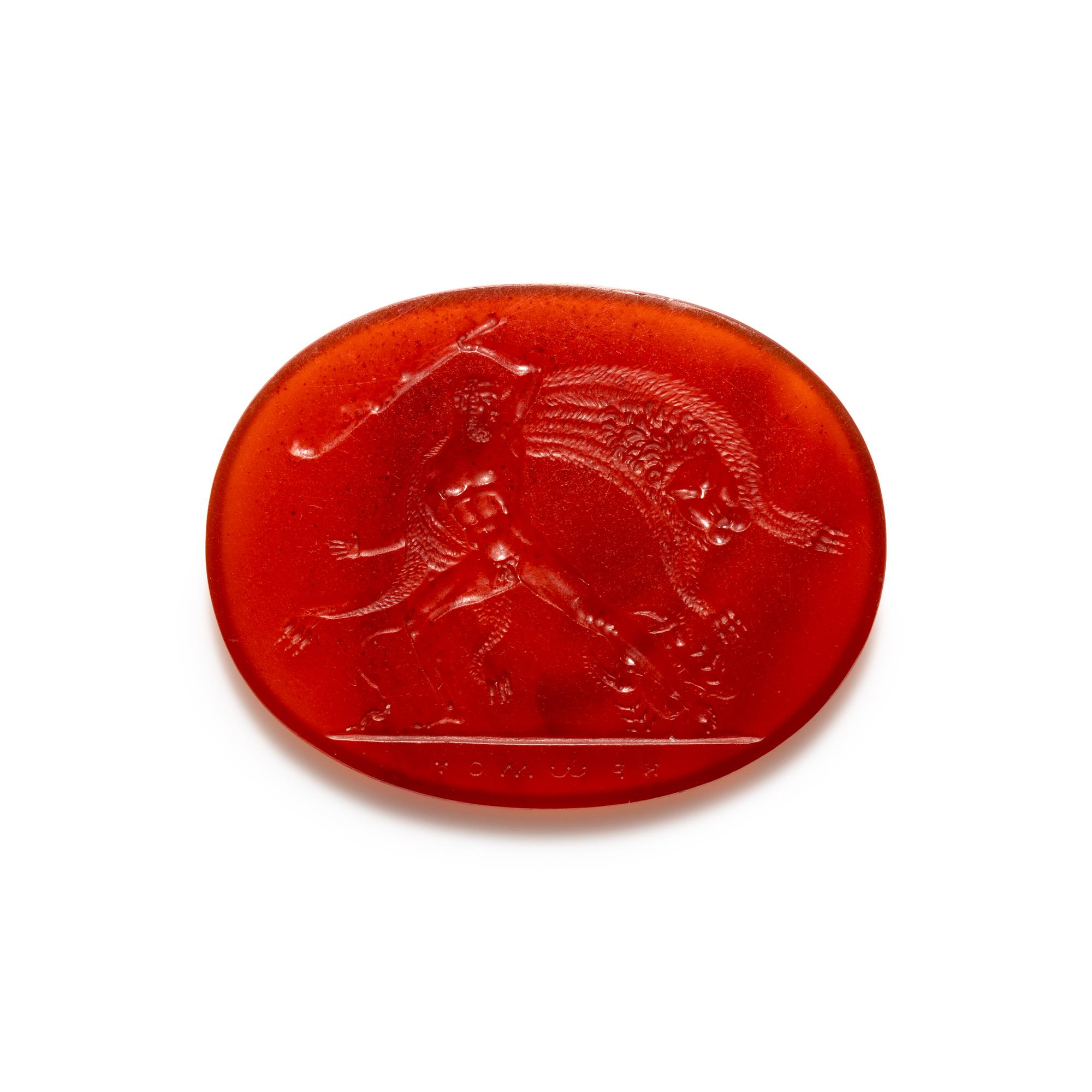 A Neoclassical Carnelian Intaglio with Hercules Being Bitten by a Crab
