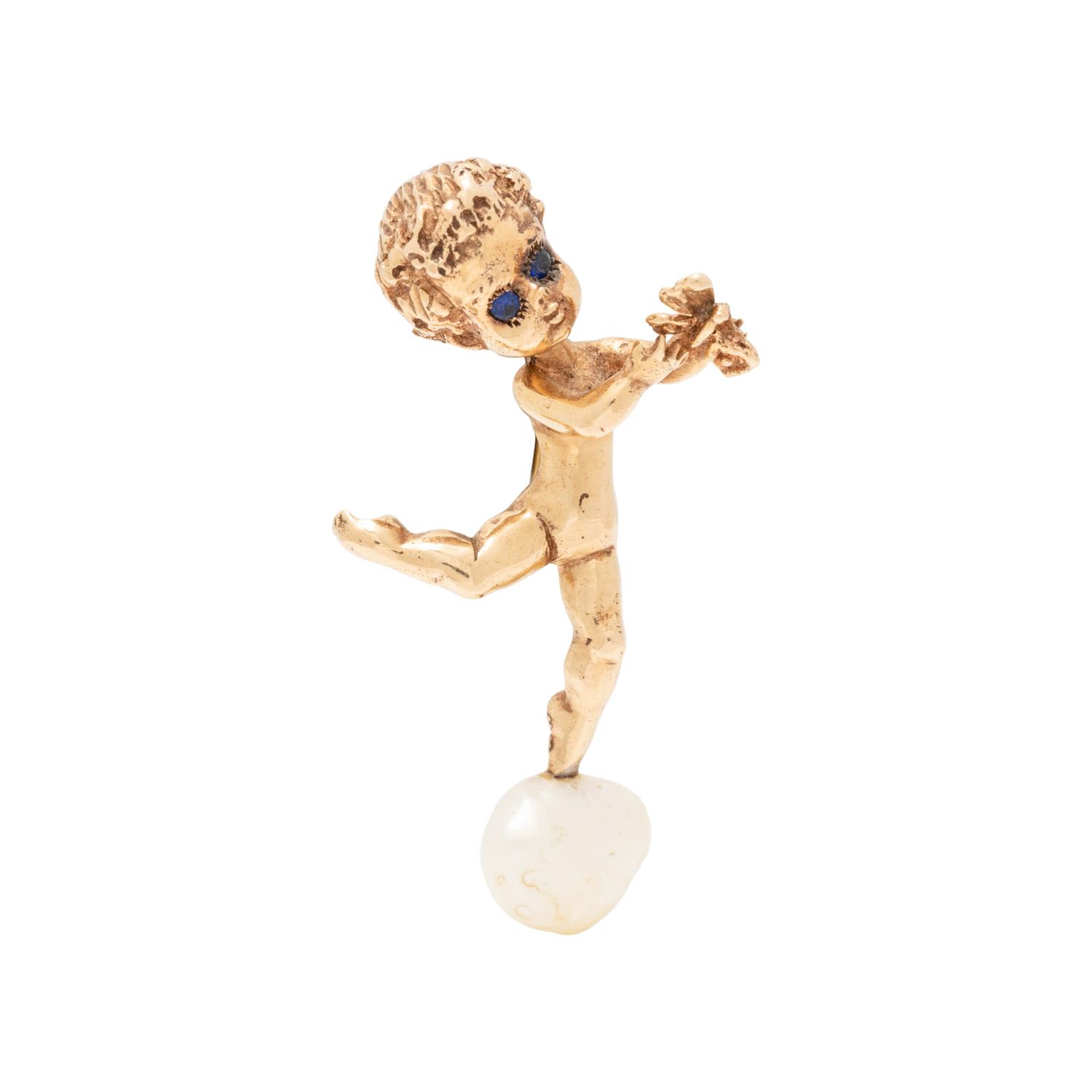 RUSER, YELLOW GOLD AND CULTURED PEARL CHERUB BROOCH
