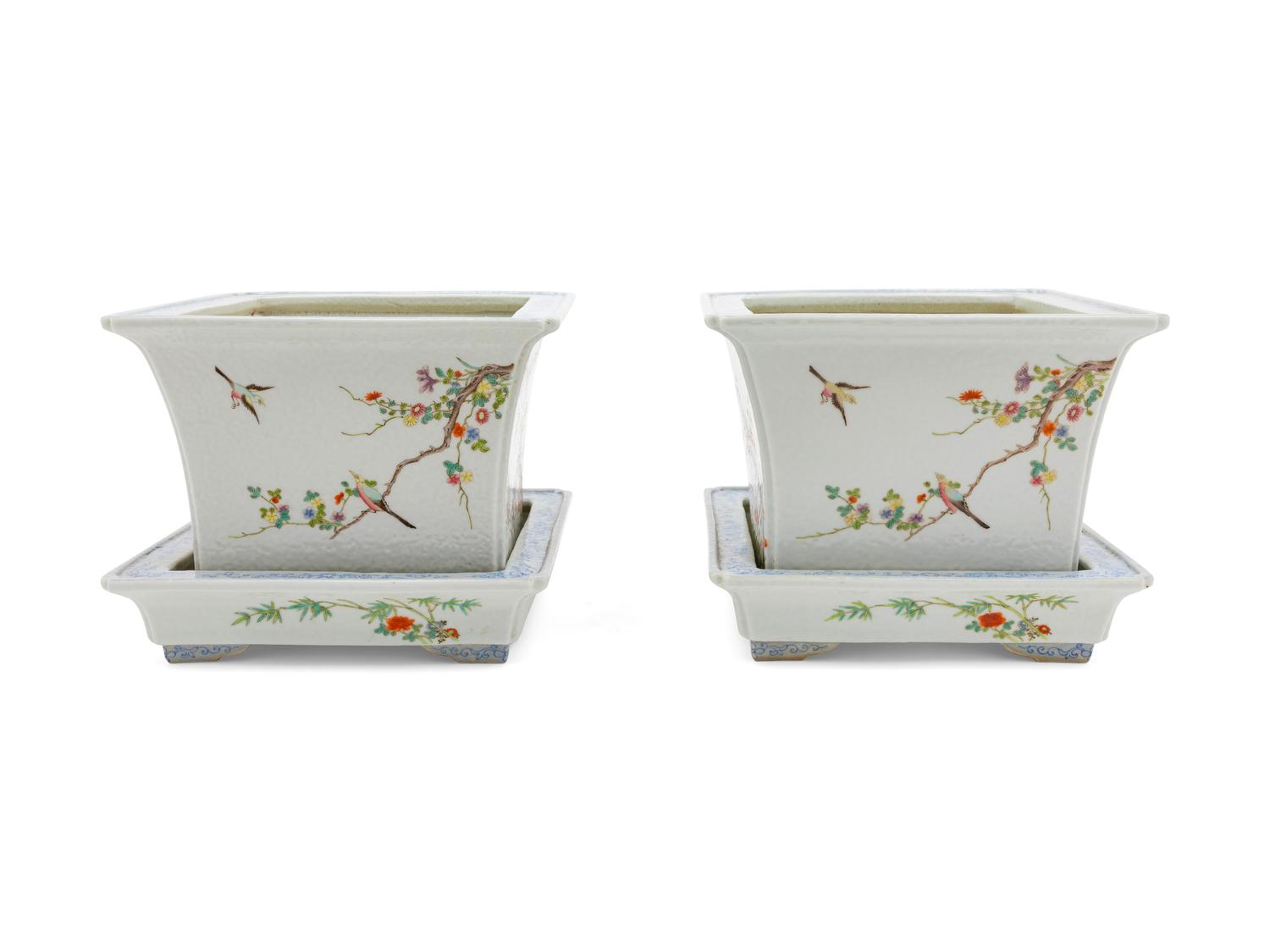 A Pair of Famille Rose Porcelain Square Flower Pots and Trays