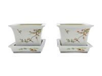 A Pair of Famille Rose Porcelain Square Flower Pots and Trays