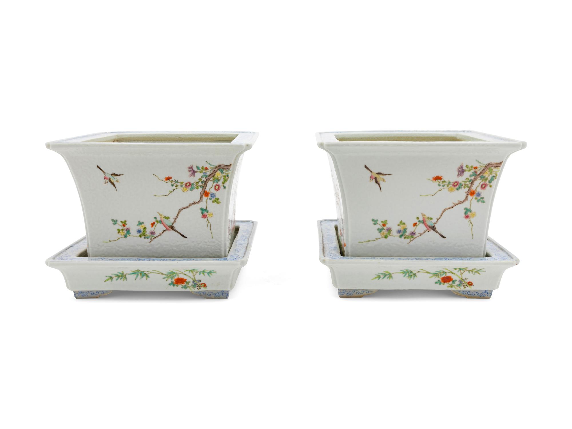 A Pair of Famille Rose Porcelain Square Flower Pots and Trays