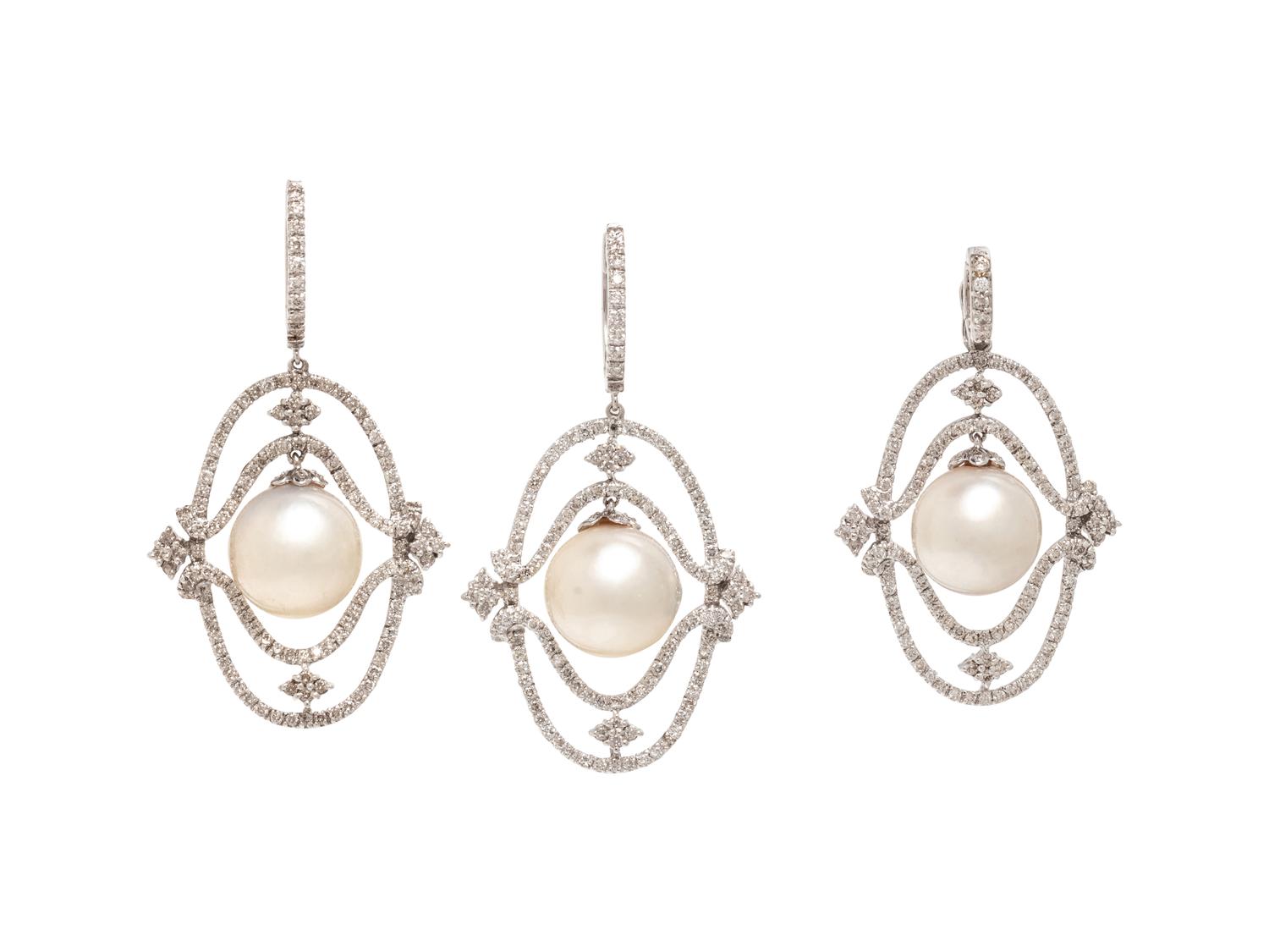 CULTURED PEARL AND DIAMOND EARRINGS AND PENDANT