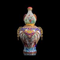 A Massive Chinese Interior-Painted Glass and Cloisonné Enamel Gourd-Form "Snuff Bottle" Ornament by Wang Xisan (b. 1938) and Zhang Tonglu (b. 1942)