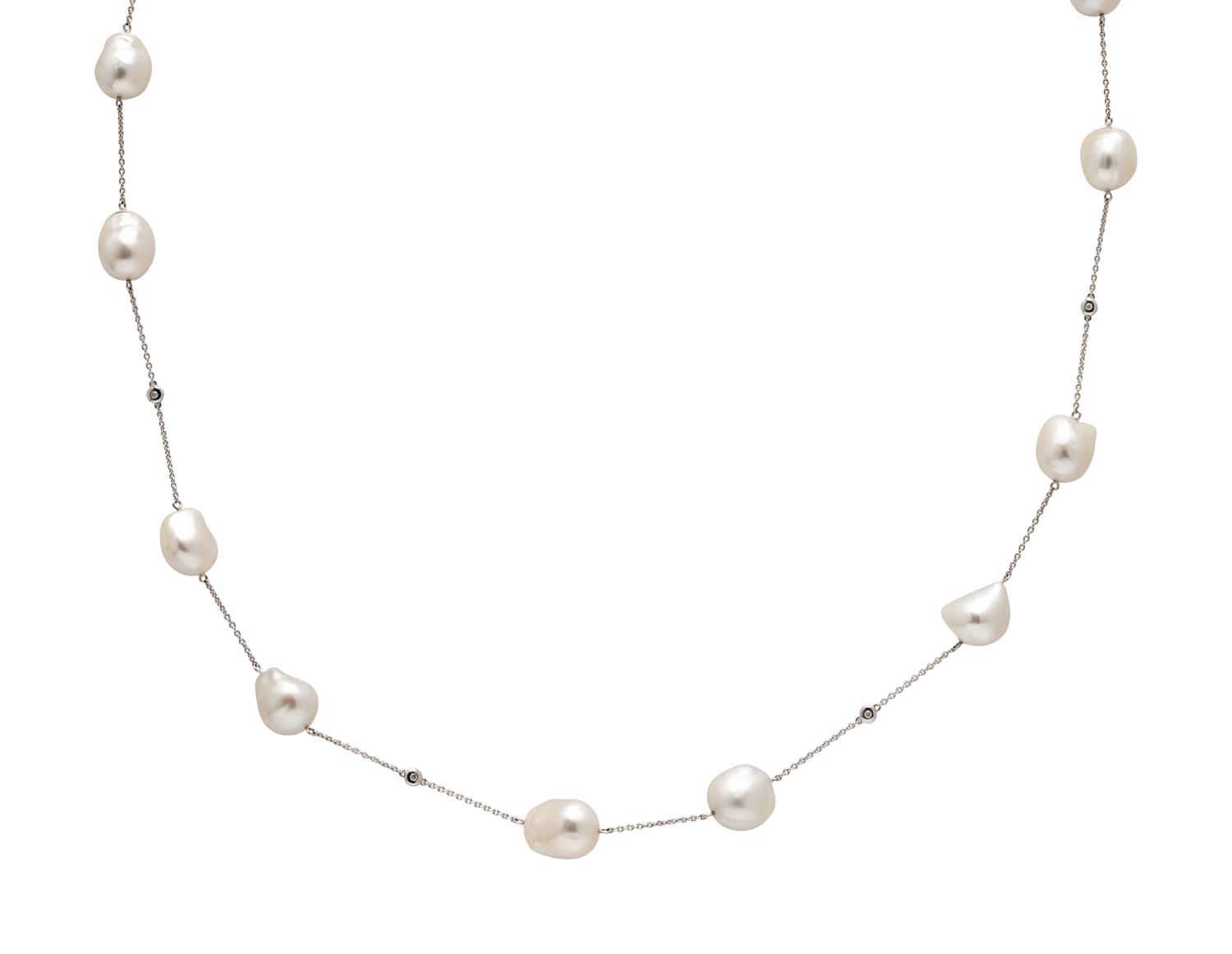 MIKIMOTO, BAROQUE CULTURED PEARL AND DIAMOND LONG CHAIN NECKLACE