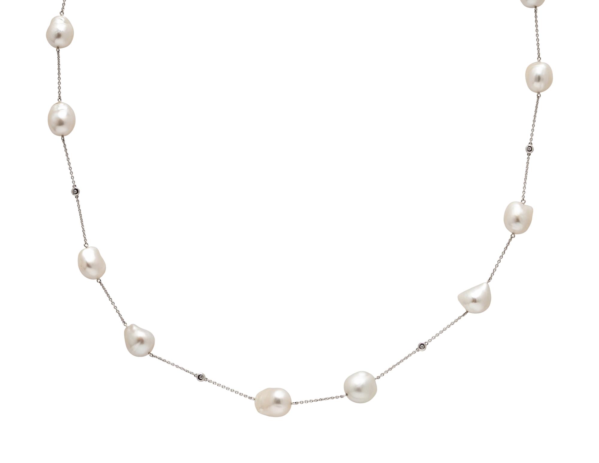 MIKIMOTO, BAROQUE CULTURED PEARL AND DIAMOND LONG CHAIN NECKLACE