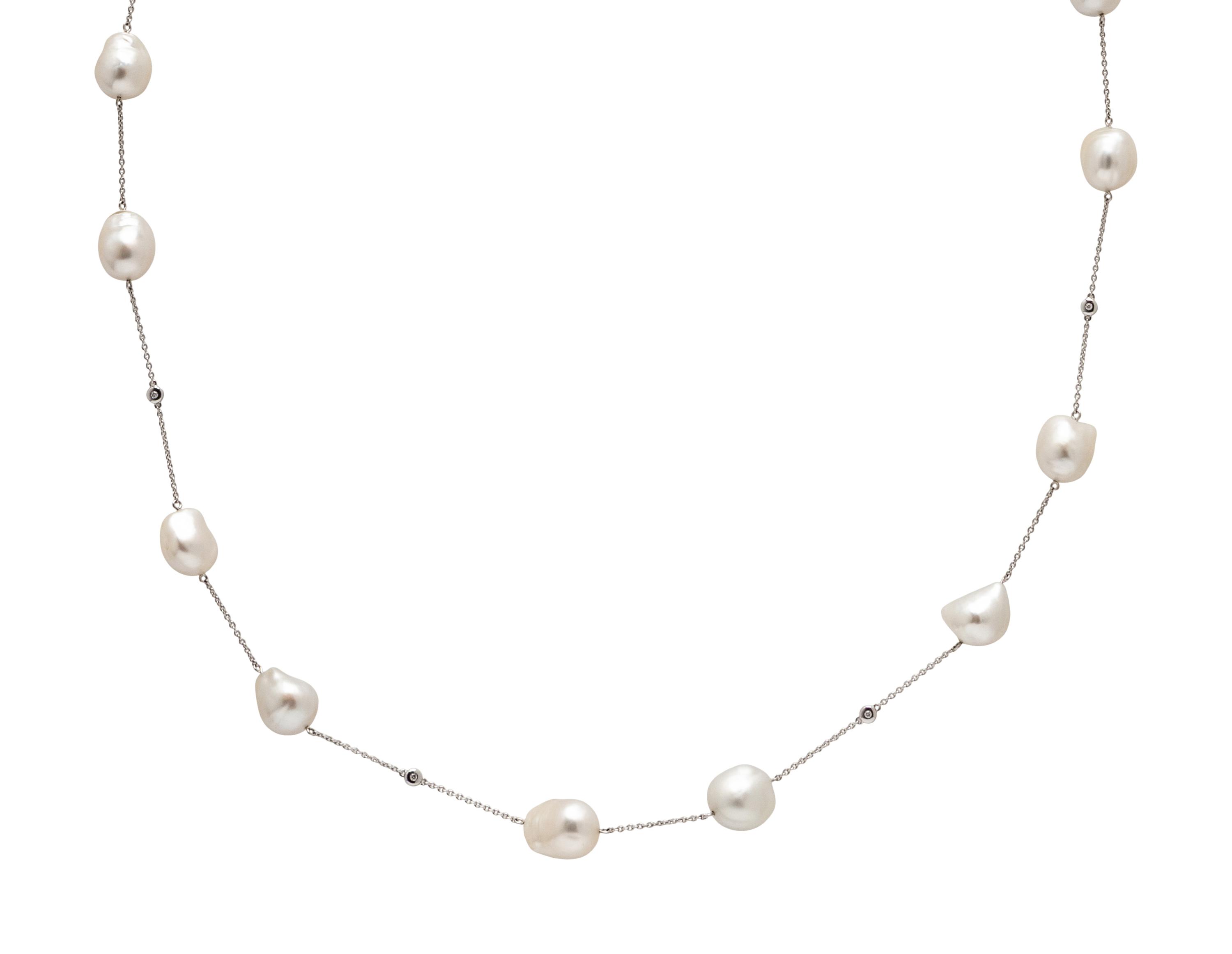 MIKIMOTO, BAROQUE CULTURED PEARL AND DIAMOND LONG CHAIN NECKLACE