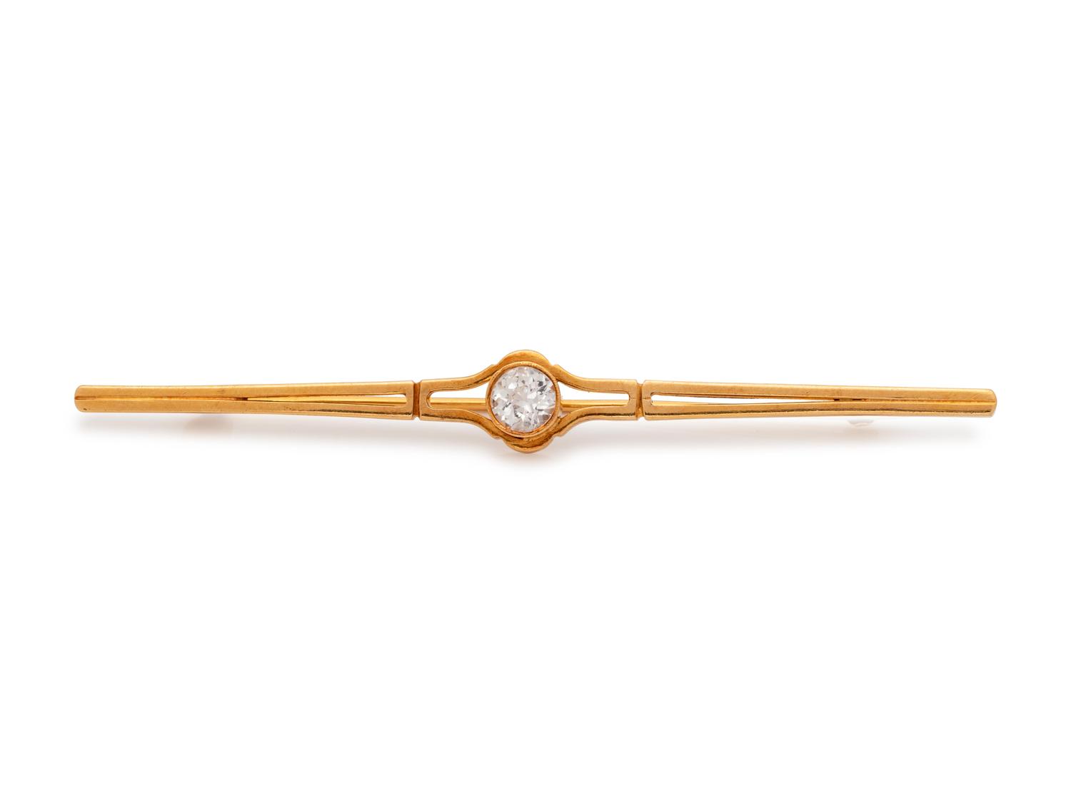 A 14 Karat Yellow Gold and Diamond Simulant Bar Brooch,