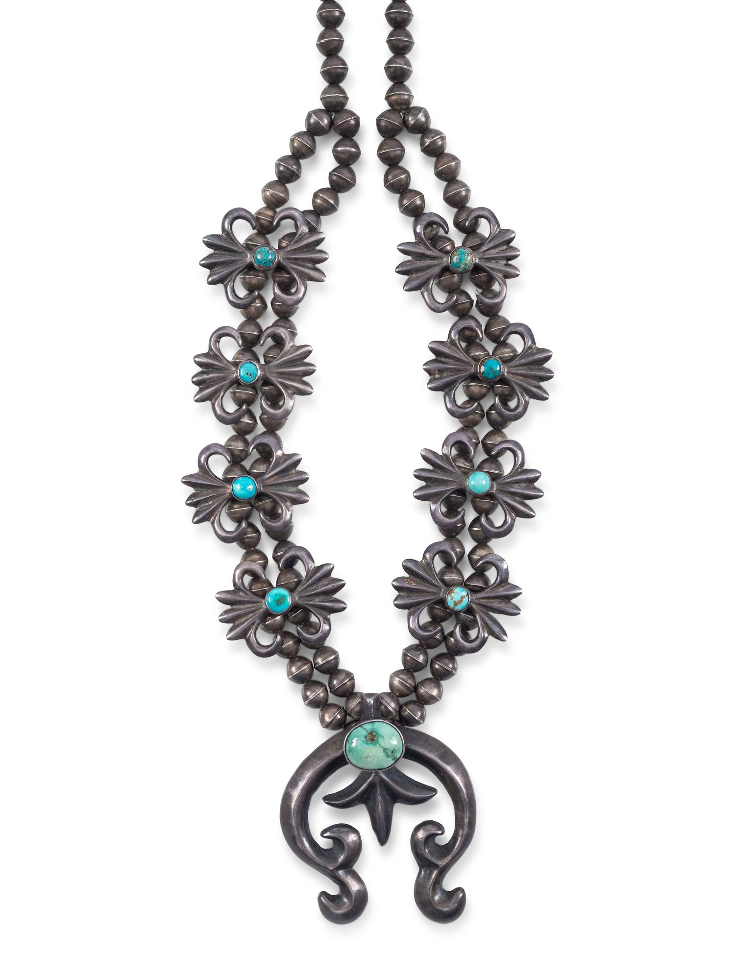 Navajo Sandcast Silver and Turquoise Squash Blossom Necklace