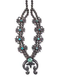 Navajo Sandcast Silver and Turquoise Squash Blossom Necklace