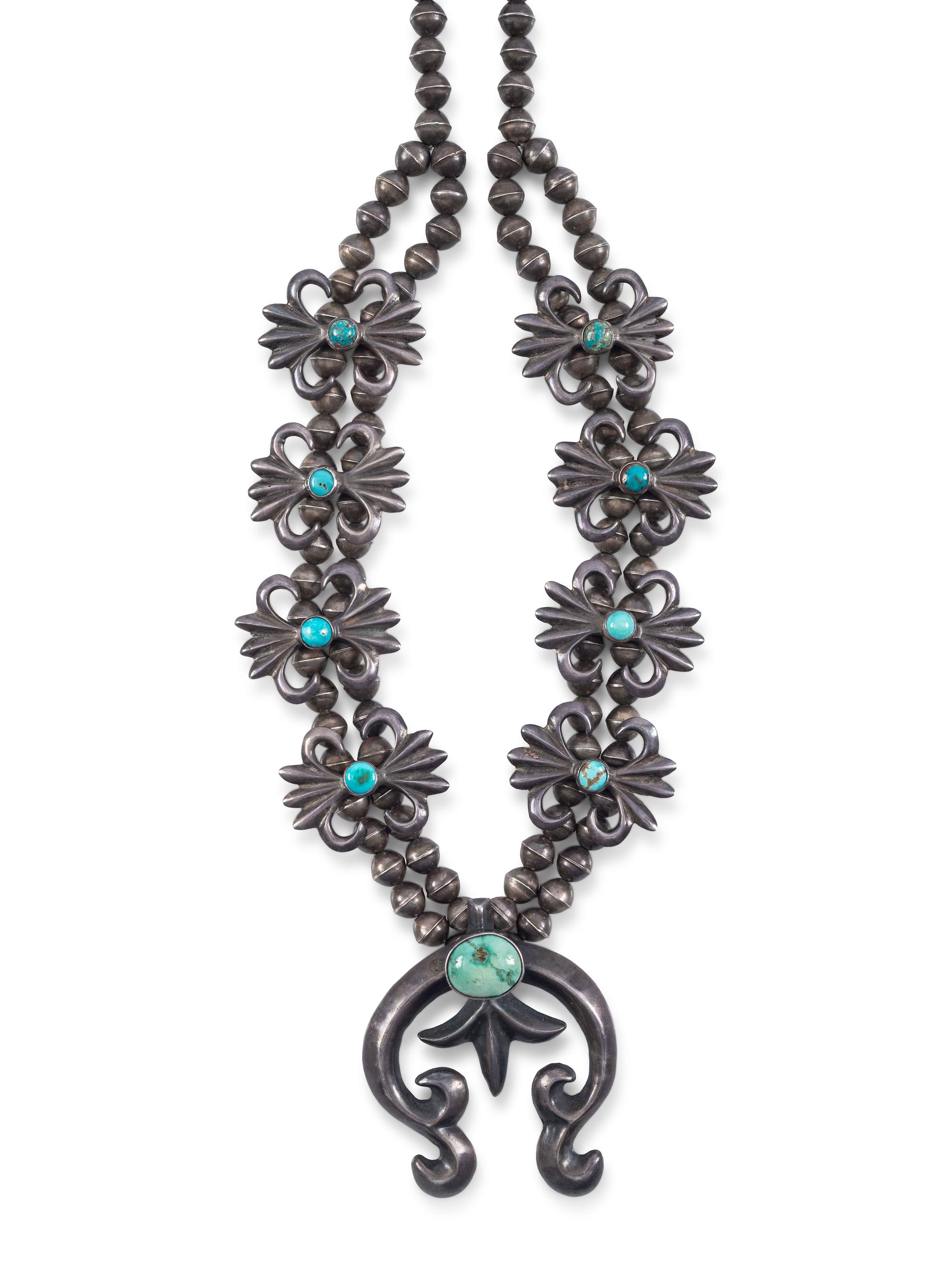 Navajo Sandcast Silver and Turquoise Squash Blossom Necklace