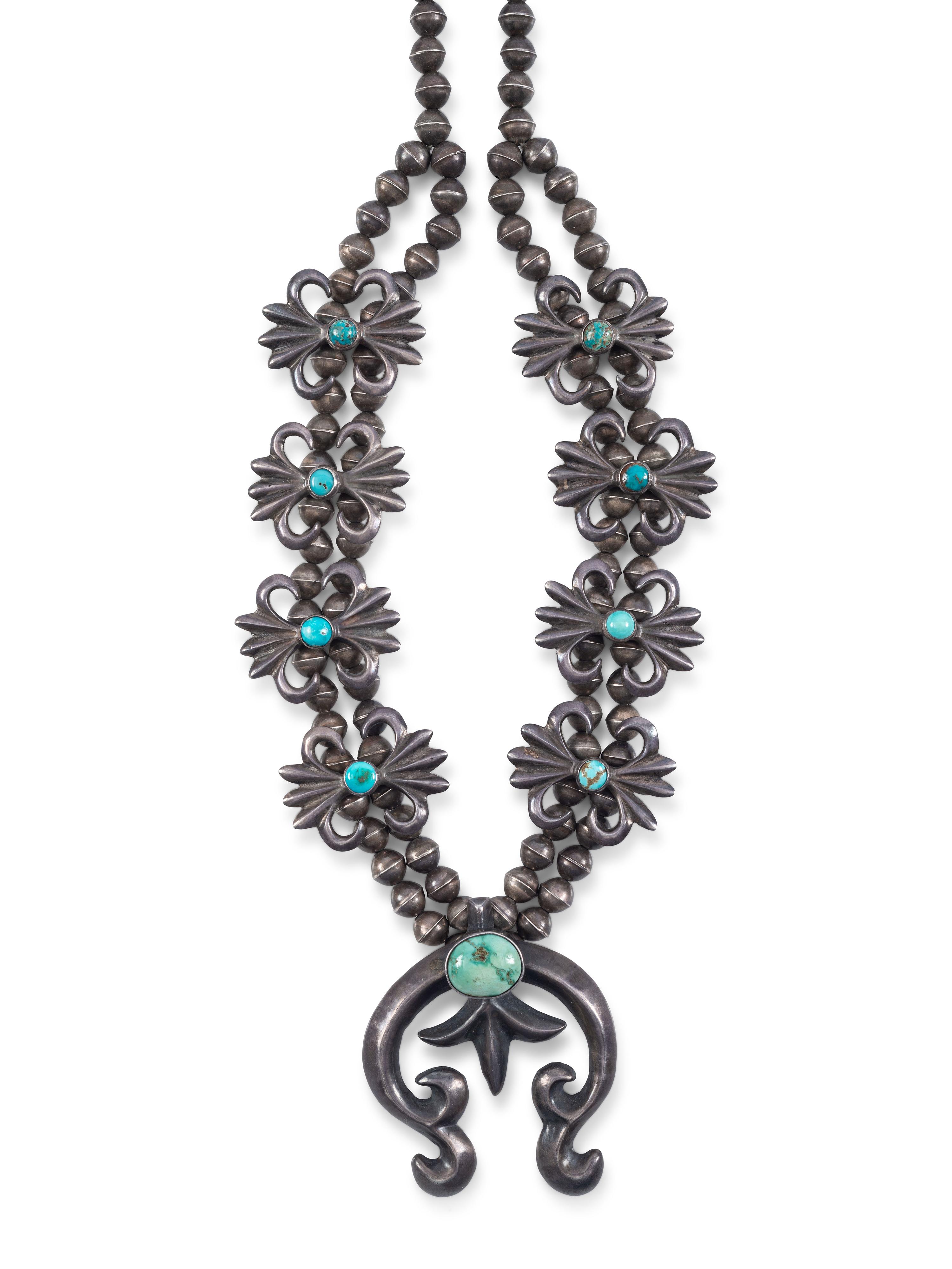 Navajo Sandcast Silver and Turquoise Squash Blossom Necklace