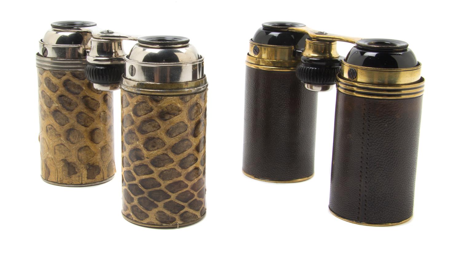 Two Pairs of Collapsible Cylindrical Opera Glasses, Width of longer when closed 4 3/8 inches.