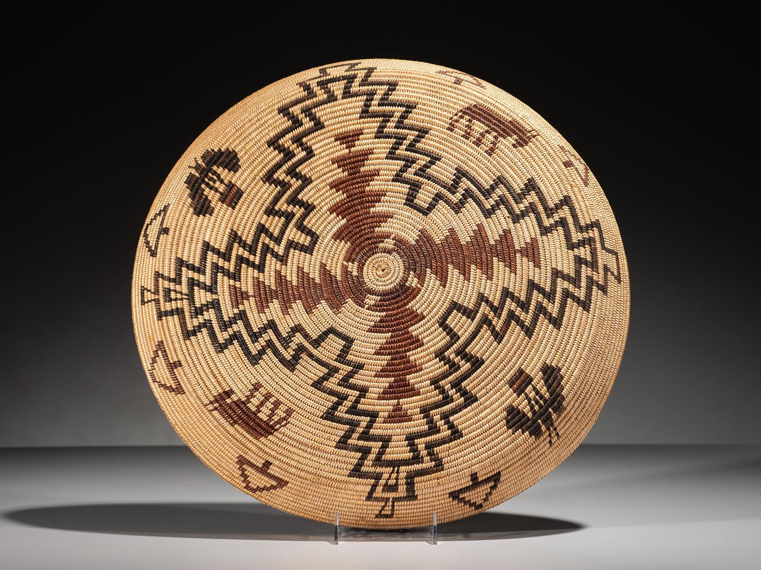 Havasupai Figural Basketry Tray, Horses and Butterflies