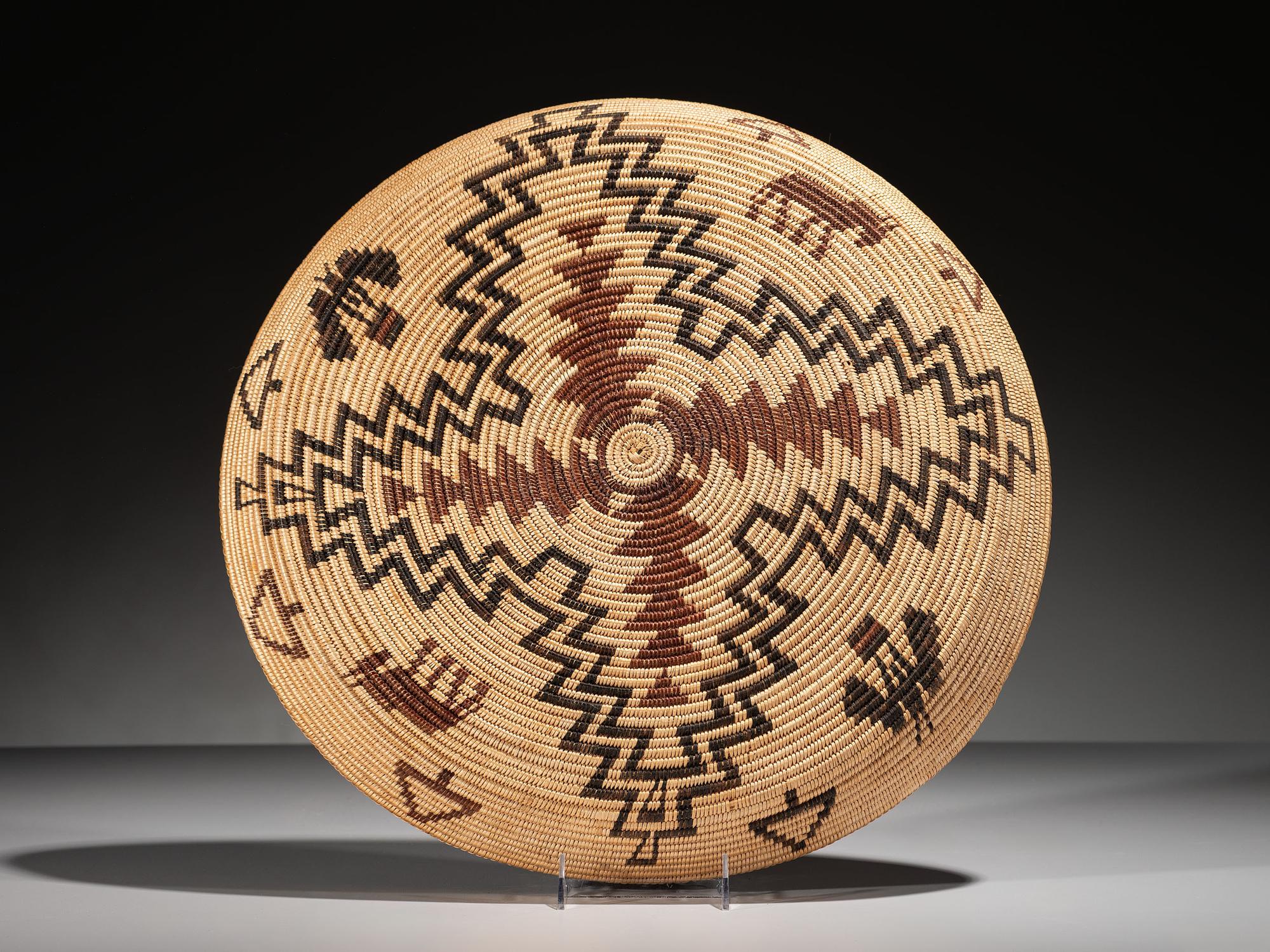 Havasupai Figural Basketry Tray, Horses and Butterflies