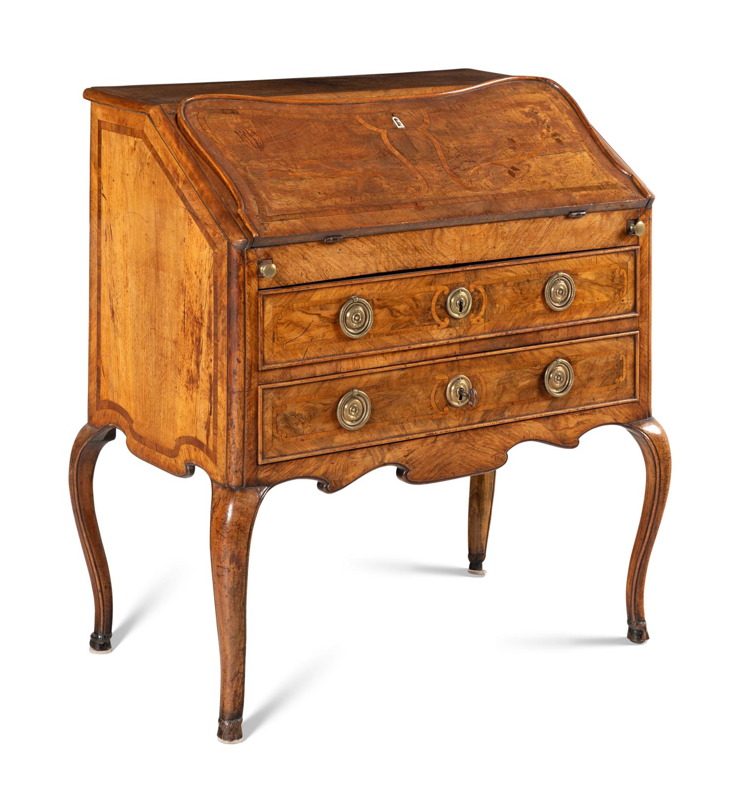 An Italian Walnut and Marquetry Slant-Front Bureau