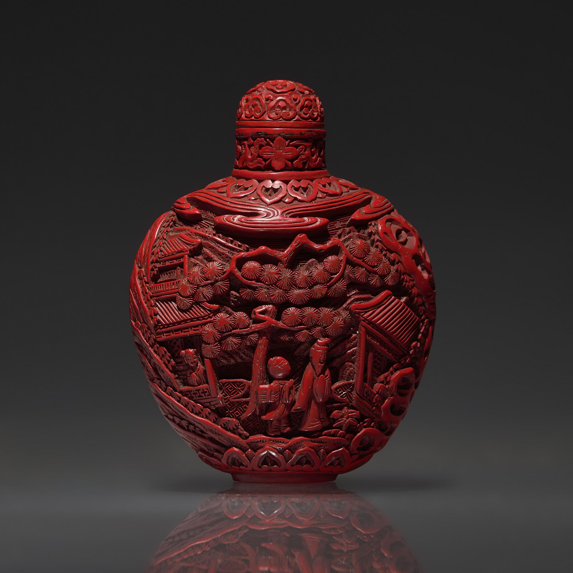 A Chinese Carved Cinnabar Lacquer Snuff Bottle, Qing Dynasty, 19th century — 清晚期 剔紅人物山水圖鼻煙壺