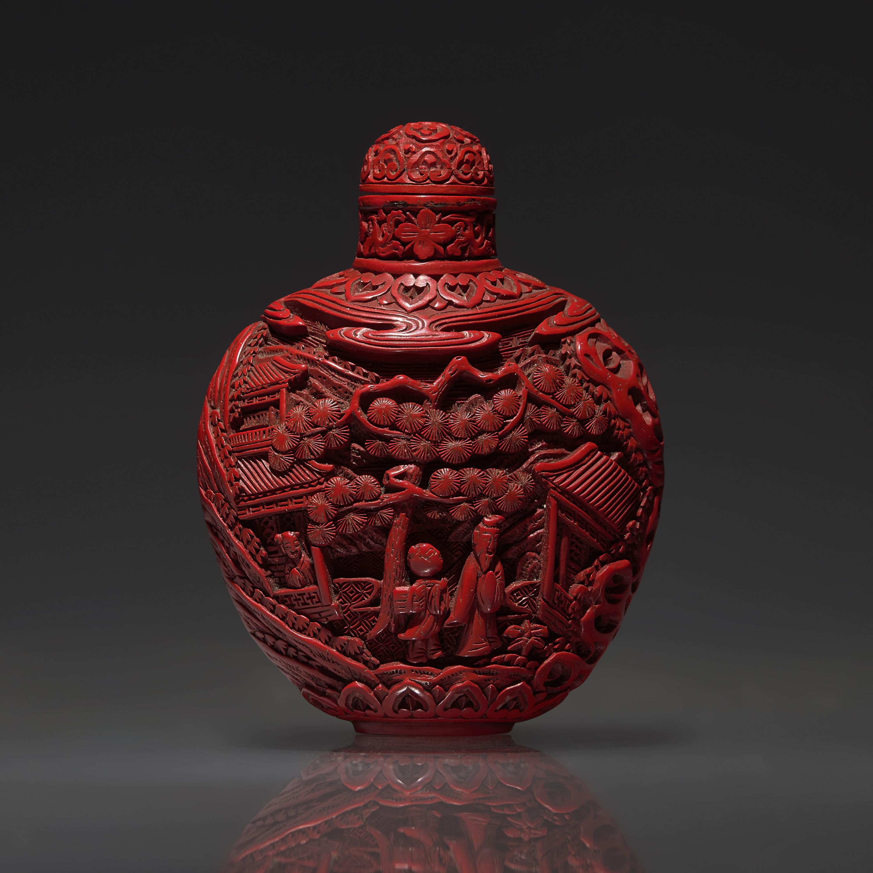 A Chinese Carved Cinnabar Lacquer Snuff Bottle, Qing Dynasty, 19th century — 清晚期 剔紅人物山水圖鼻煙壺