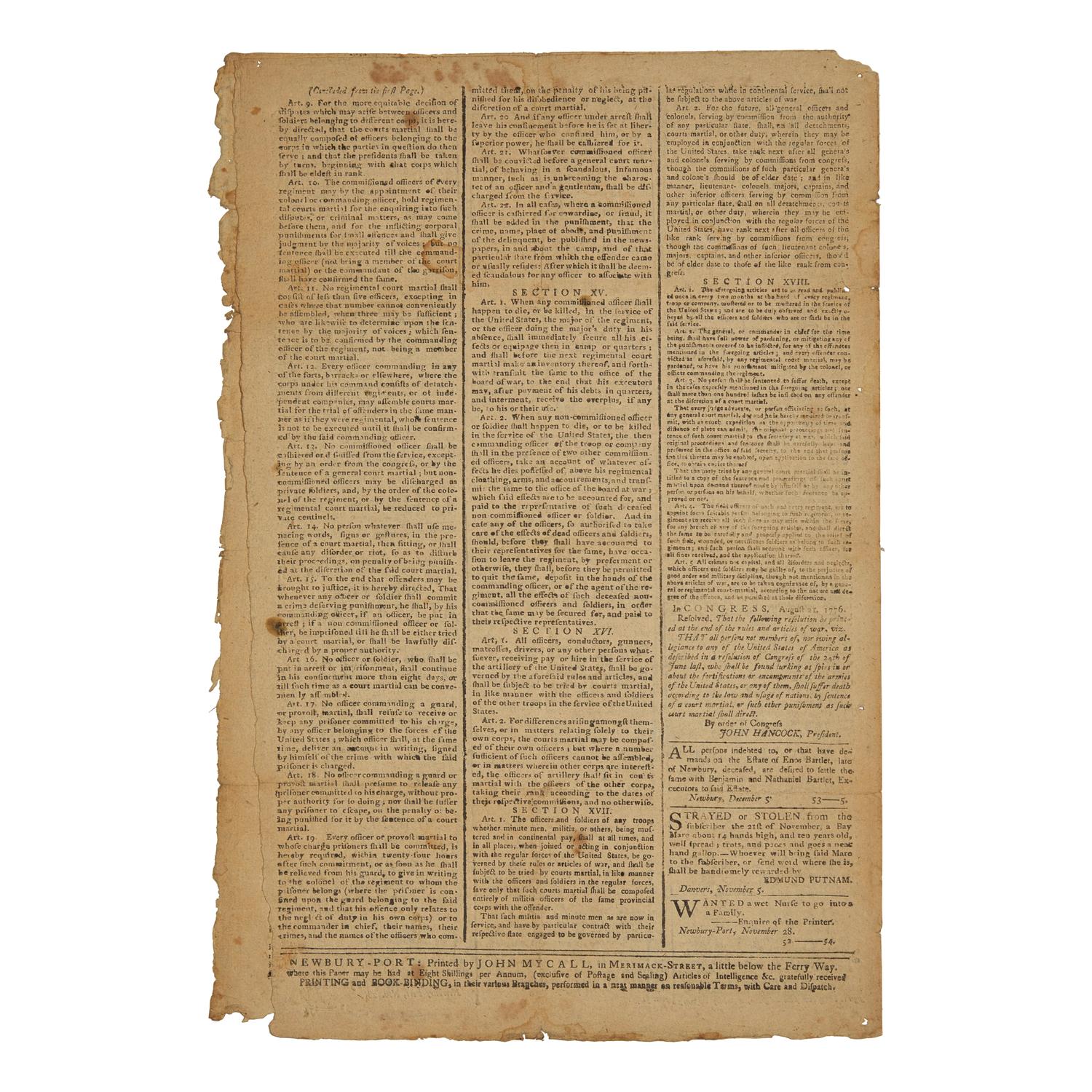 [American Revolution] A Fine Patriot Newspaper with a Paul Revere Masthead, Printing the Final Sections of the 1776 American Articles of War, Passed by Congress on September 20, 1776