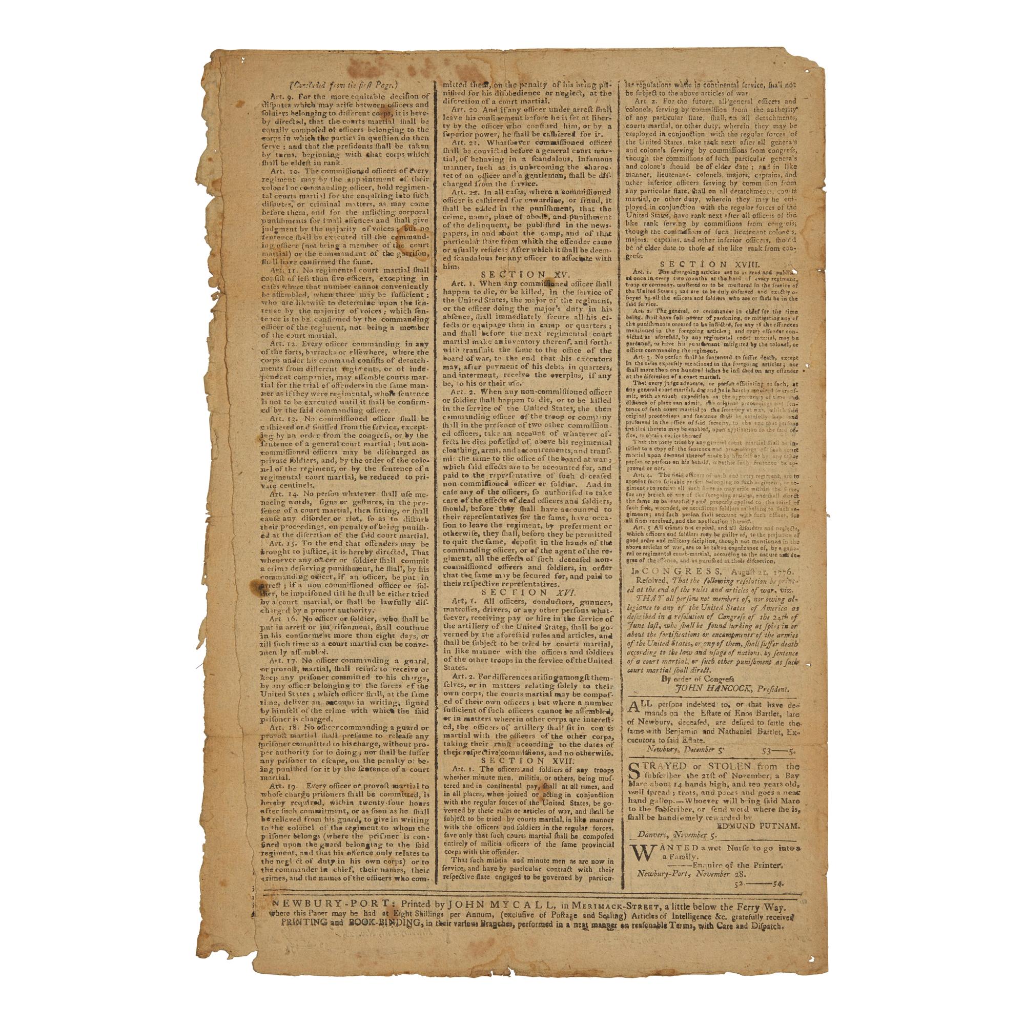 [American Revolution] A Fine Patriot Newspaper with a Paul Revere Masthead, Printing the Final Sections of the 1776 American Articles of War, Passed by Congress on September 20, 1776