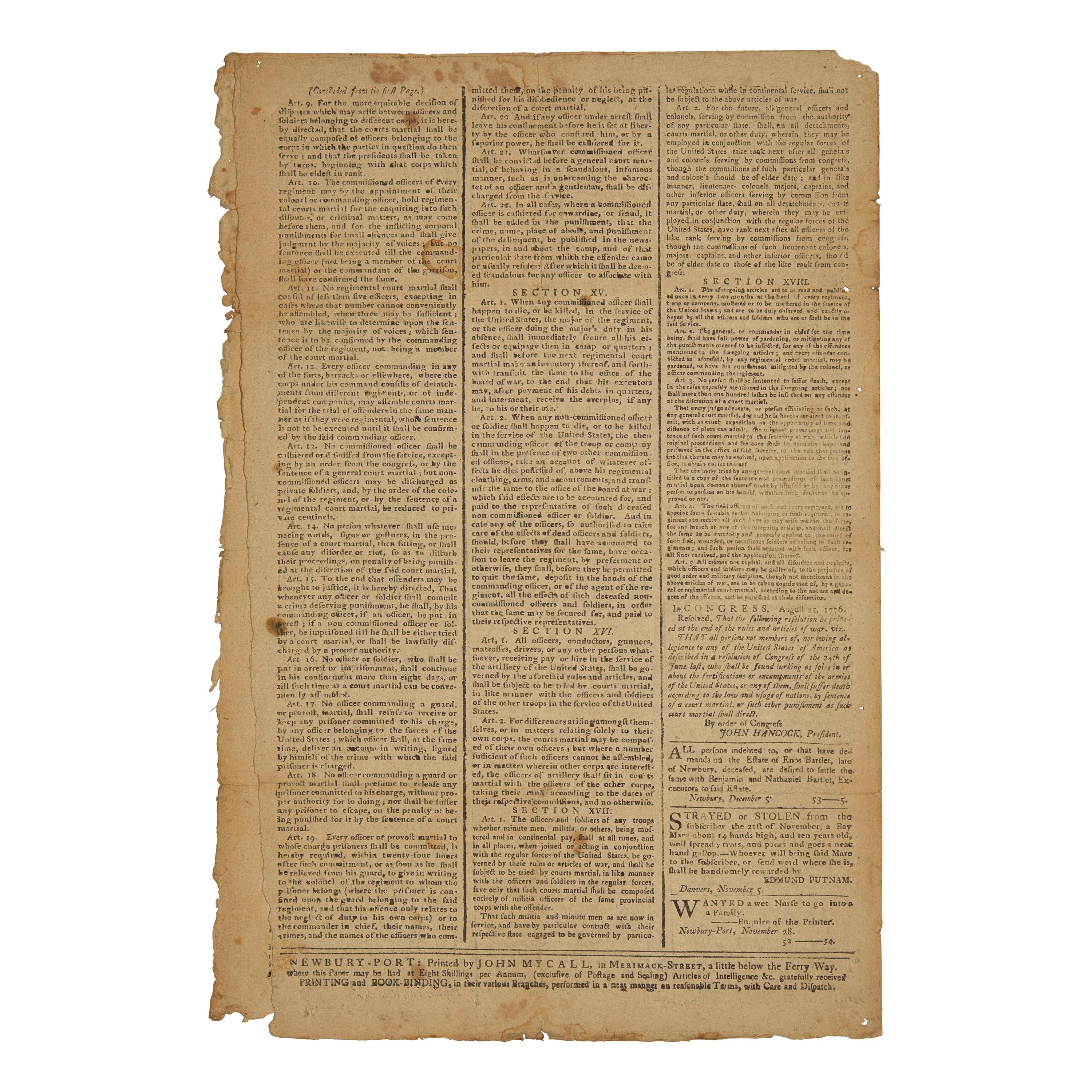 [American Revolution] A Fine Patriot Newspaper with a Paul Revere Masthead, Printing the Final Sections of the 1776 American Articles of War, Passed by Congress on September 20, 1776