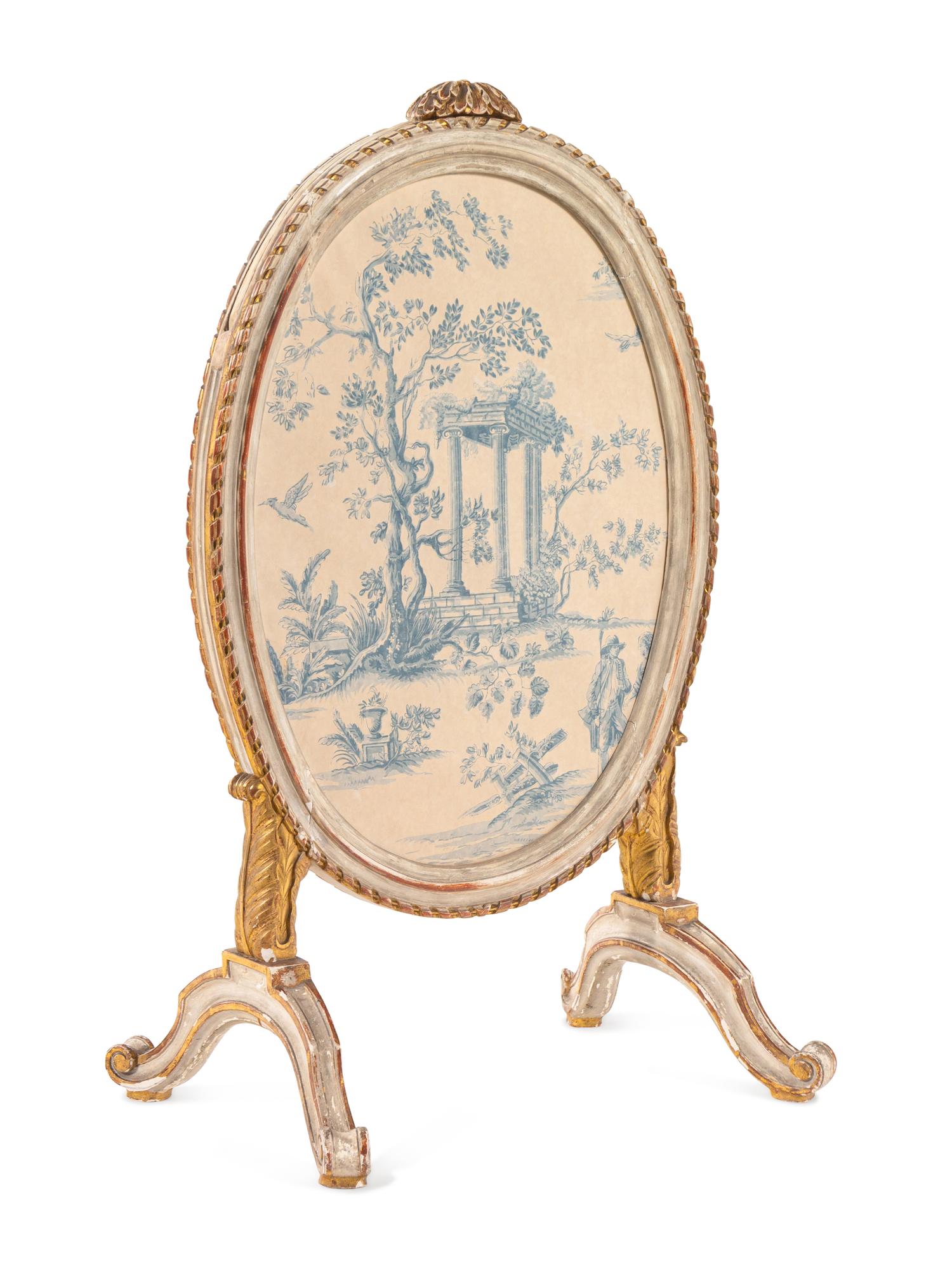 A Northern European White-Painted and Parcel-Gilt Oval Firescreen