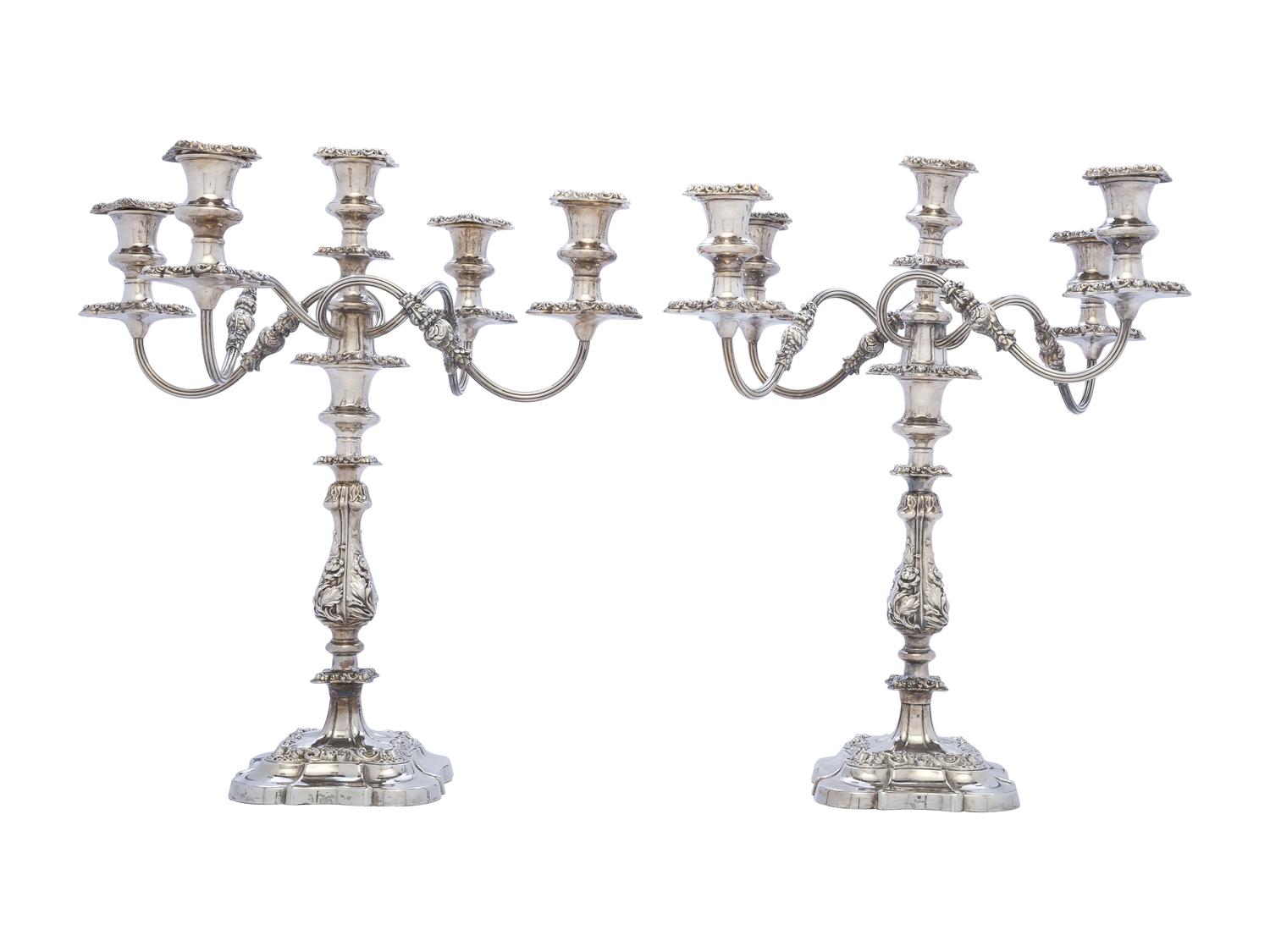 A Pair of English Silverplate Five-Light Candelabra