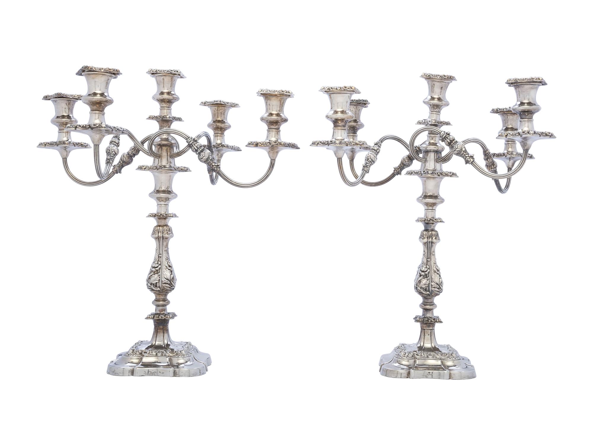 A Pair of English Silverplate Five-Light Candelabra