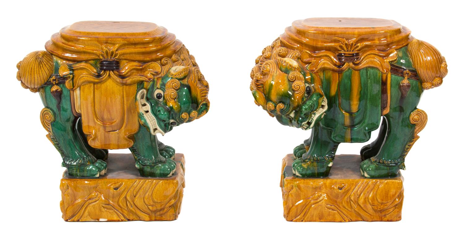 A Pair of Glazed Ceramic Foo Lion Form Garden Seats Height 20 inches.