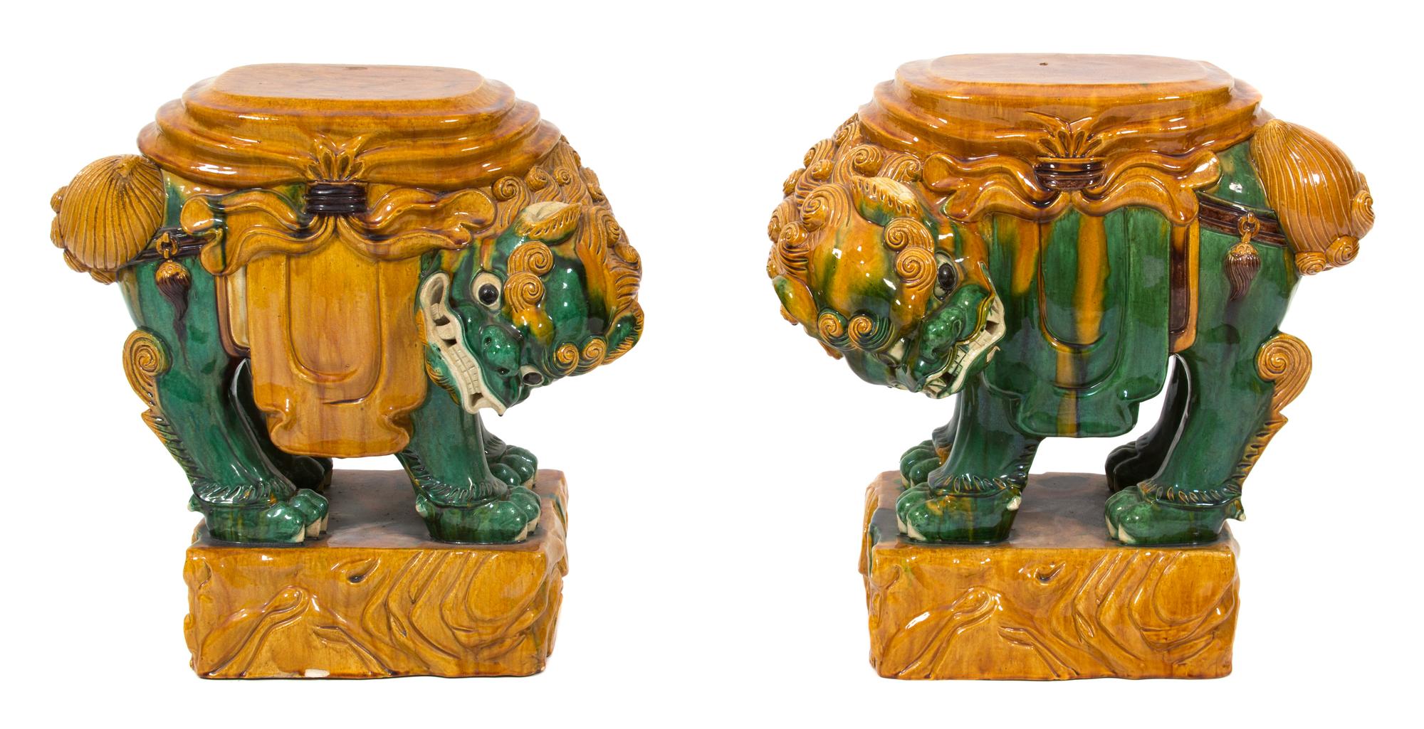 A Pair of Glazed Ceramic Foo Lion Form Garden Seats Height 20 inches.