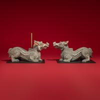 A Rare Chinese Painted Earthenware Chimera and Chimes Set, Qing and Bixie, Western Han Dynasty — 西漢 灰陶編磬一組連辟邪座