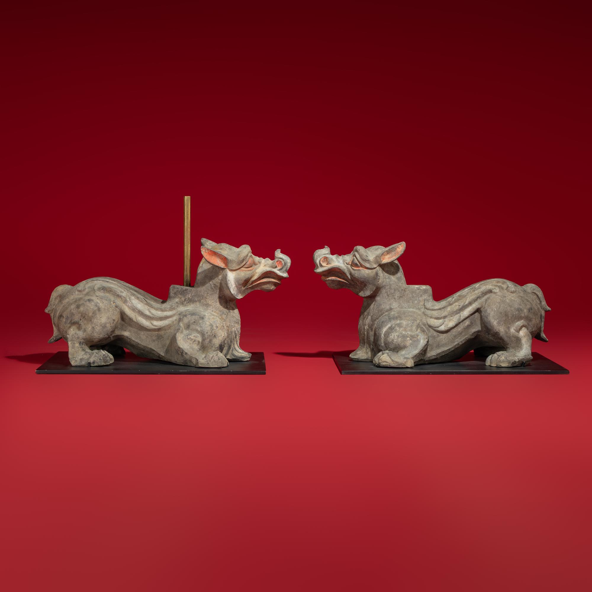 A Rare Chinese Painted Earthenware Chimera and Chimes Set, Qing and Bixie, Western Han Dynasty — 西漢 灰陶編磬一組連辟邪座