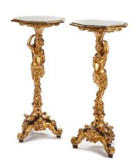 A Pair of Venetian Giltwood Pedestal Tables Height 37 x width of top 16 1/2 inches. — 19TH CENTURY