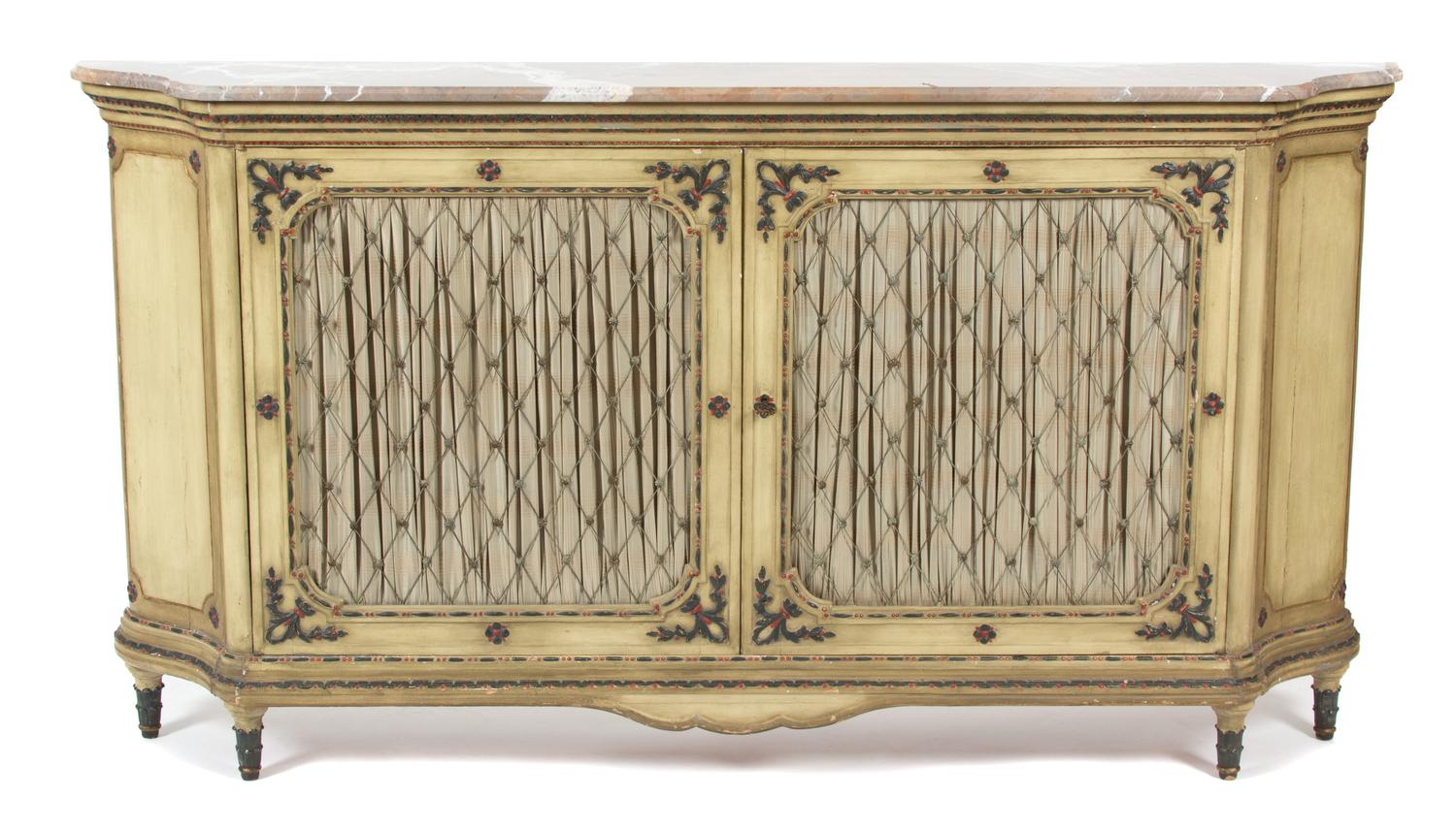 An Italian Painted Marble Top Console Cabinet Height 39 x width 73 x depth 10 3/4 inches. — 20TH CENTURY