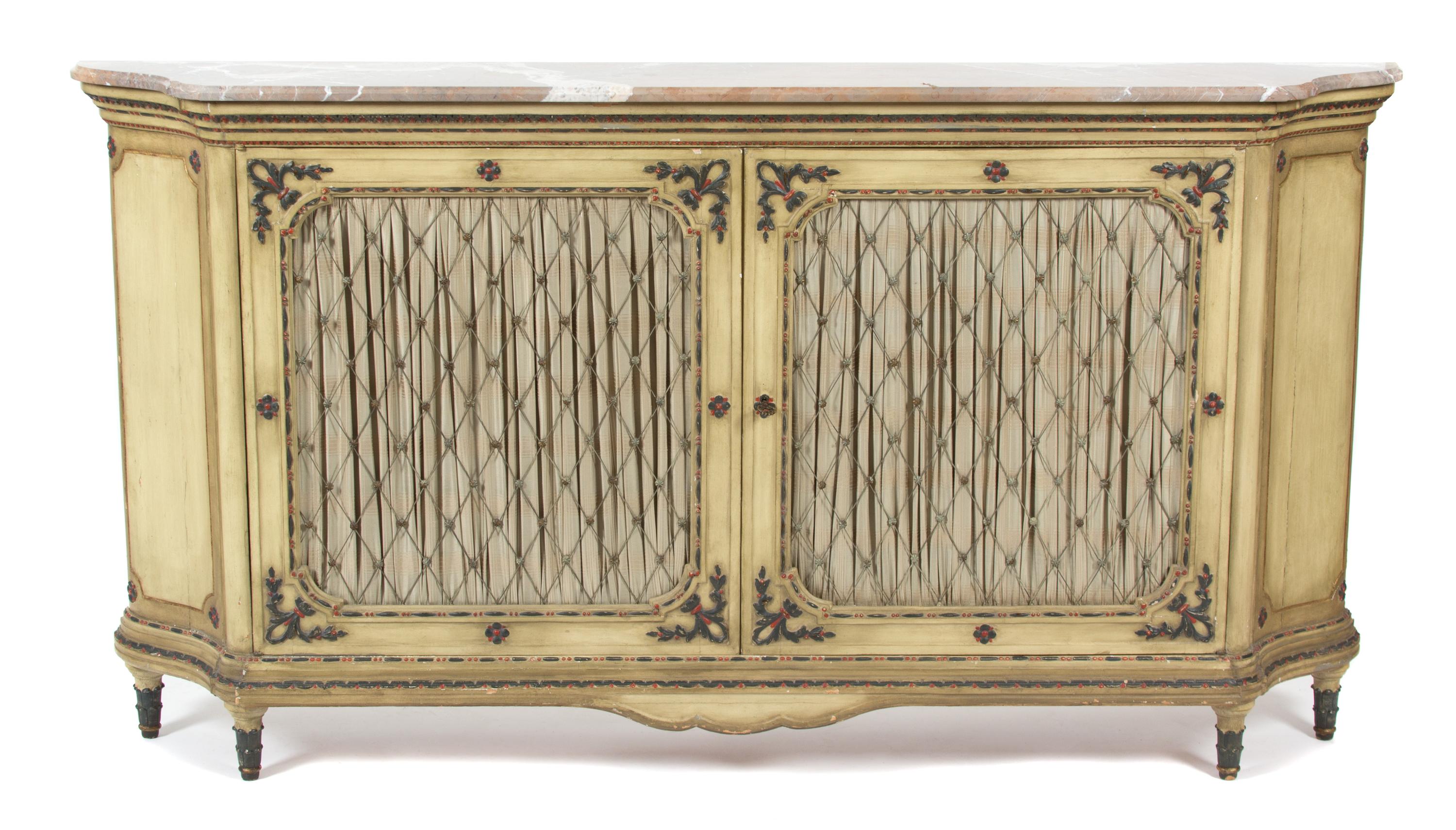 An Italian Painted Marble Top Console Cabinet Height 39 x width 73 x depth 10 3/4 inches. — 20TH CENTURY