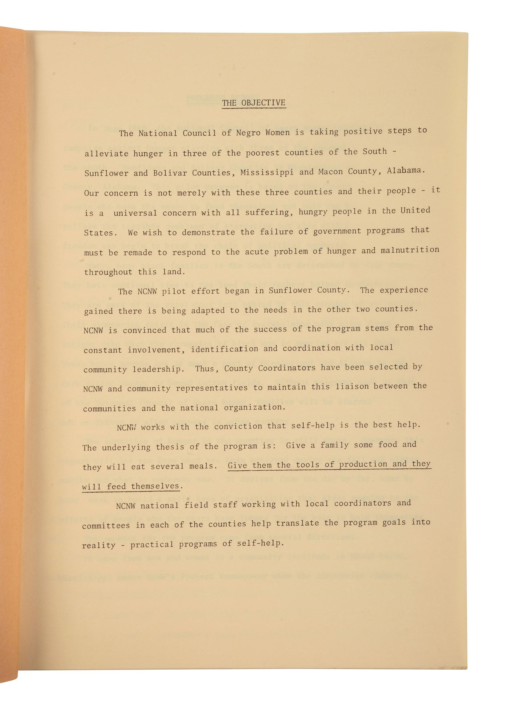 [CIVIL RIGHTS] -- [HEIGHT, Dorothy I. (1912-2010)]. "Progress Report" issued by the National Council of Negro Women, Inc. June 1969.