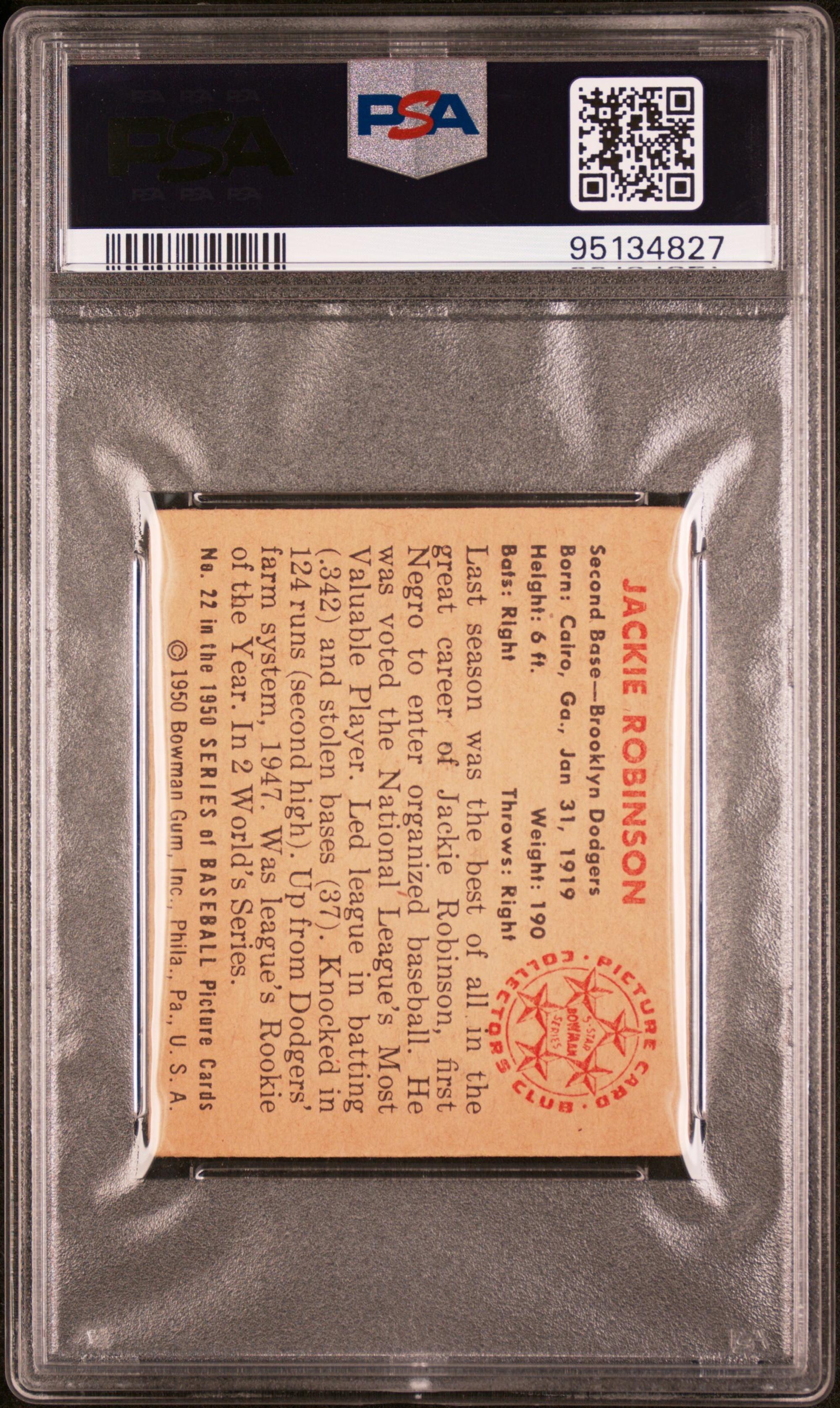 A 1950 Bowman Jackie Robinson Baseball Card No. 22 (PSA 2 GOOD)
