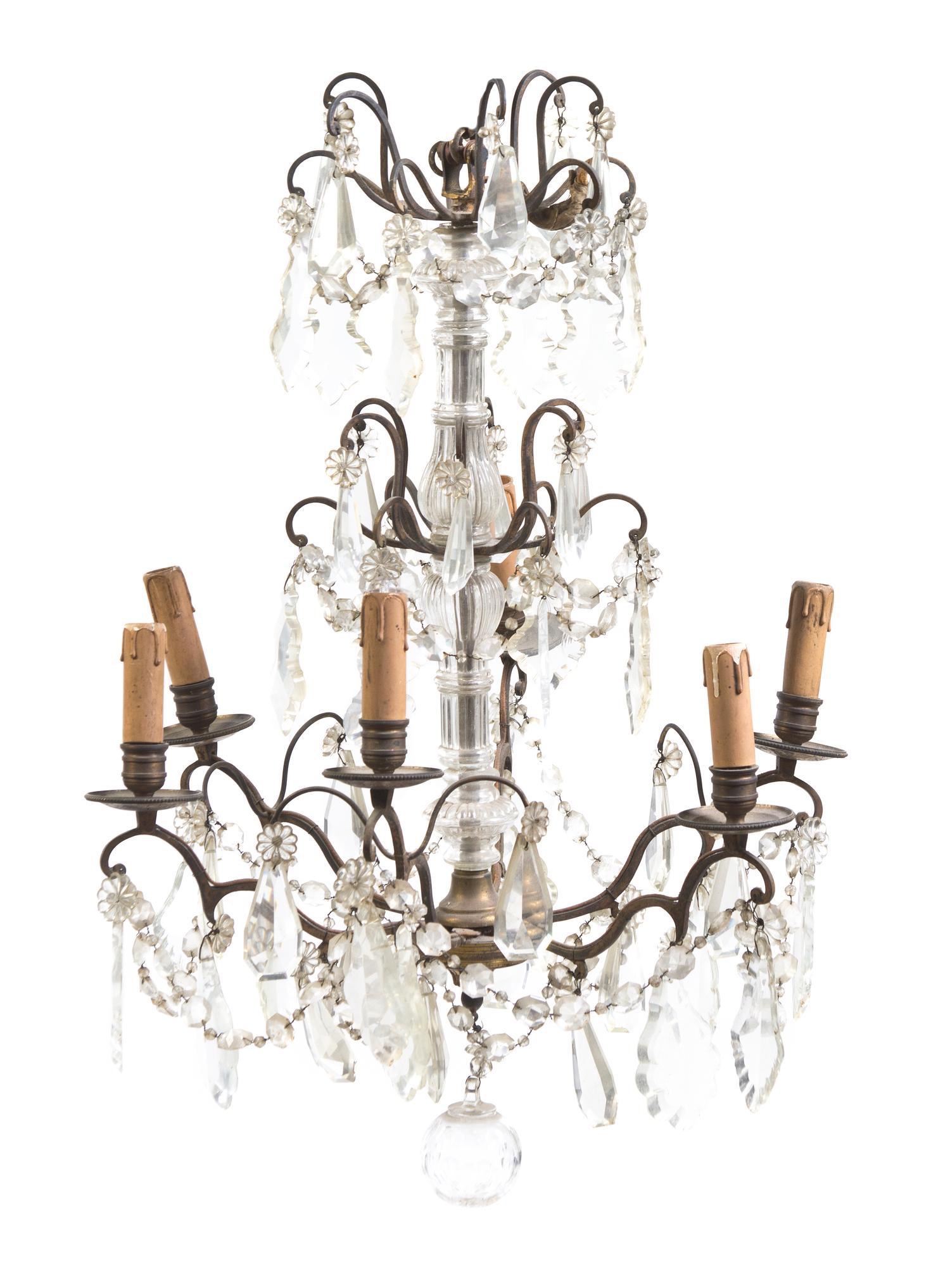 A French Cast Metal and Glass Six-Light Chandelier, Height 22 inches.