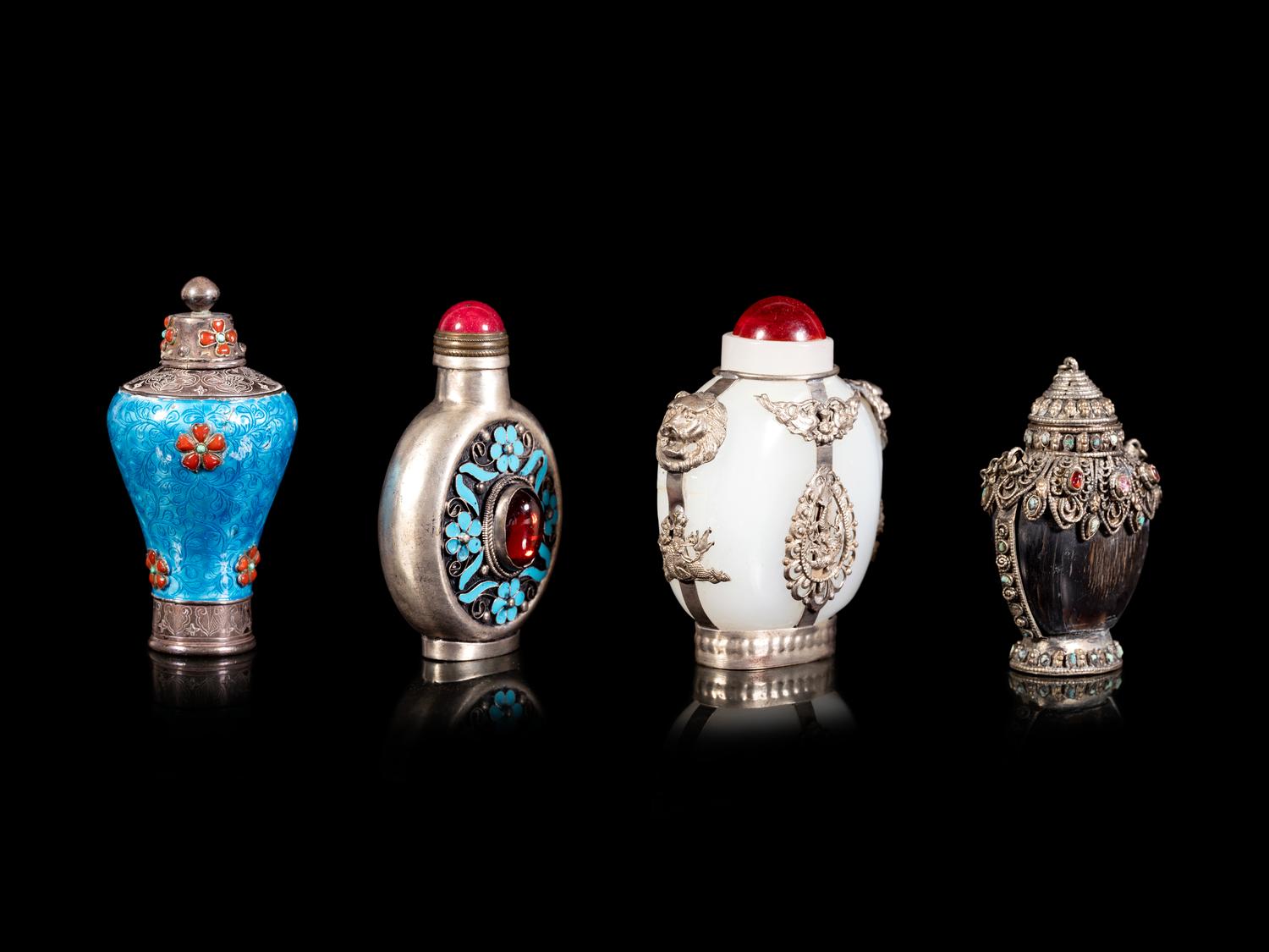 Four Tibetan Silver Mounted Snuff Bottles
