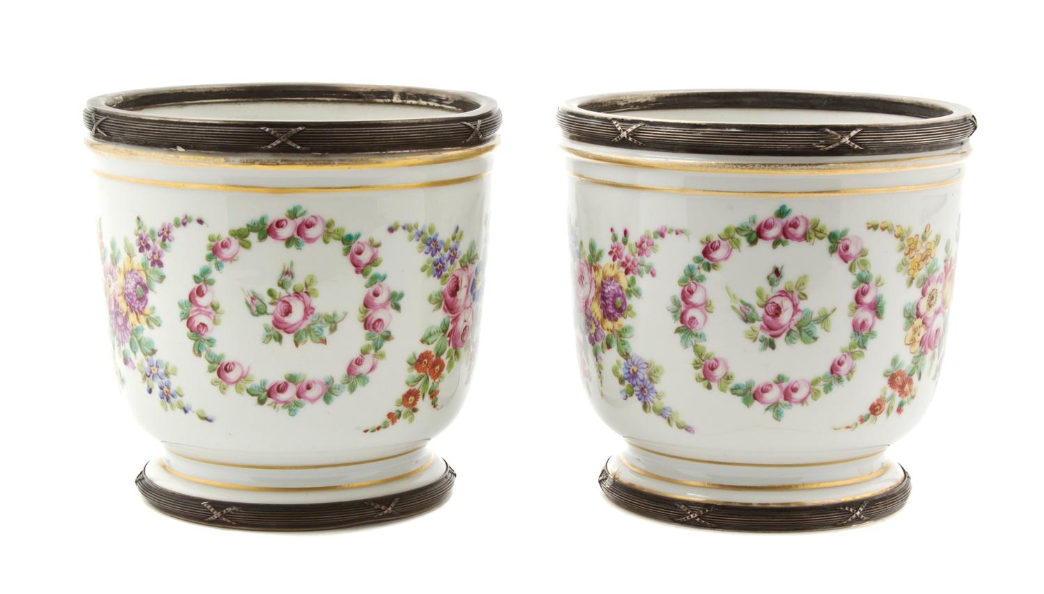 A Pair of Sevres Style Porcelain and French Silver Mounted Cache Pots, Height 5 inches.