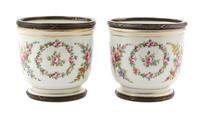 A Pair of Sevres Style Porcelain and French Silver Mounted Cache Pots, Height 5 inches.