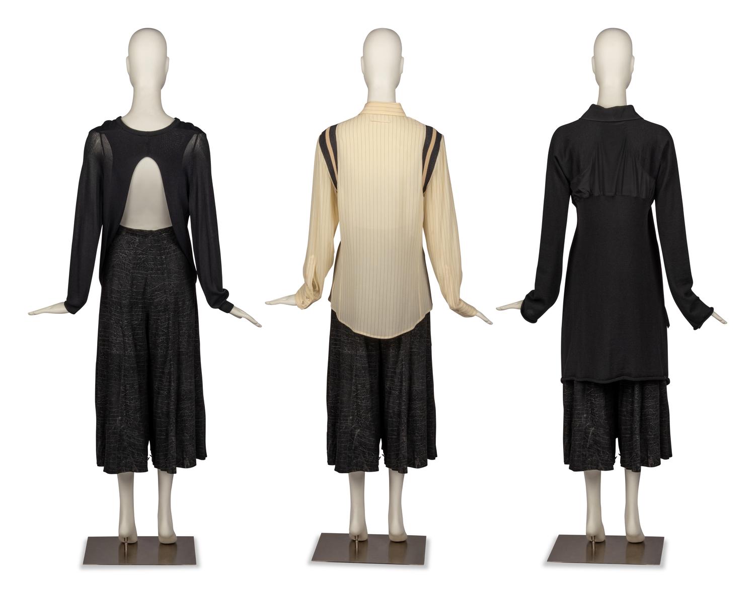 Ann Demeulemeester Sweater, Jean Paul Gaultier Blouse, Yohji Yamamoto Jacket, and Gianfranco Ferré Pant, 1990s
